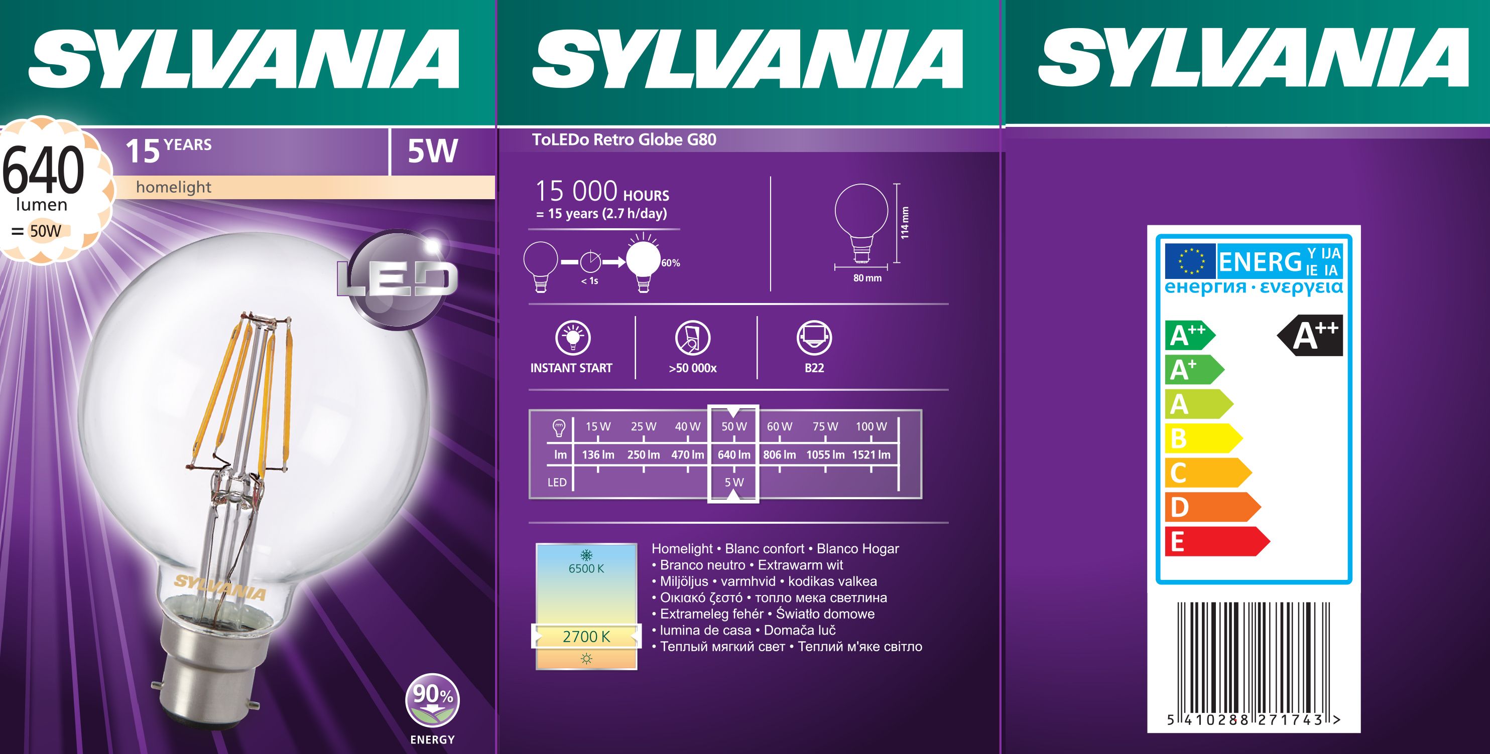 Sylvania B22 5W 640lm Round LED Filament Light bulb