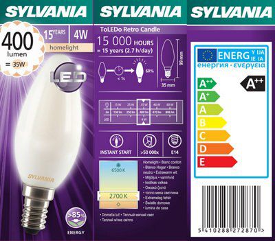 Sylvania E14 4W 400lm Candle LED filament Light bulb