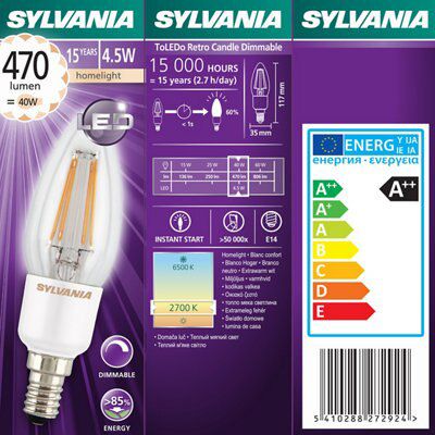 Sylvania E14 4W 450lm Candle LED Dimmable Filament Light bulb
