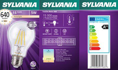 Sylvania E27 5W 640lm White GLS Warm white LED filament Light bulb