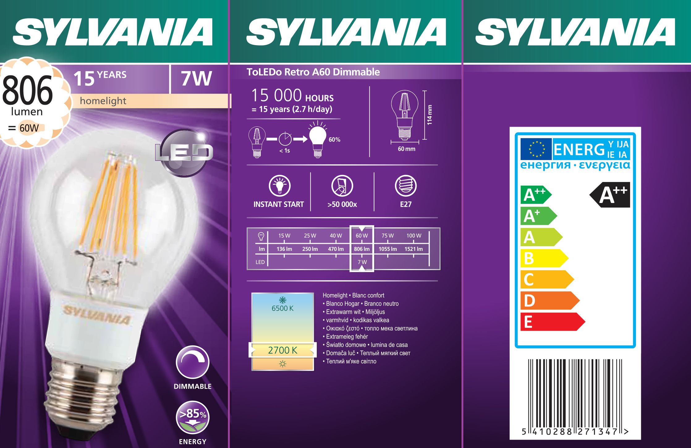 Sylvania E27 6W 806lm GLS LED Dimmable Filament Light bulb