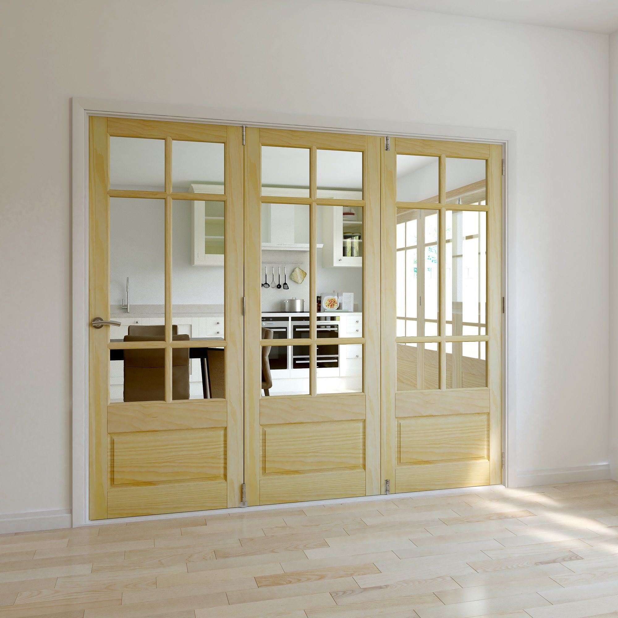 Tamar 3 panel 6 Lite Clear Glazed Classic Clear pine Internal Folding Tri-fold Door set, (H)2035mm (W)2374mm