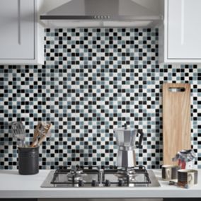 Tarente Black, grey & white Gloss Glass effect Glass Mosaic tile, (L)300mm (W)300mm