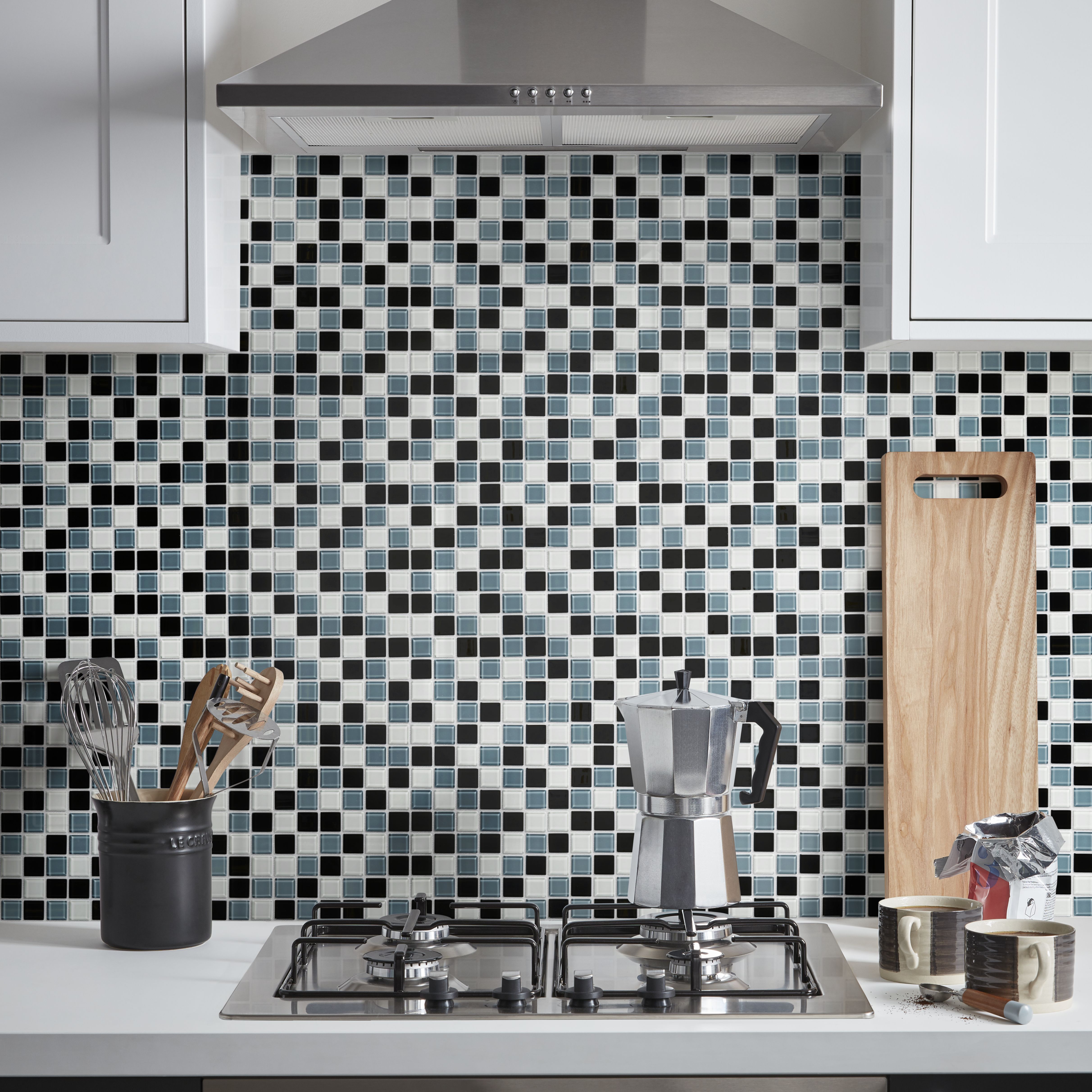 Tarente Black, grey & white Gloss Glass effect Mosaic Glass Mosaic tile, (L)300mm (W)300mm