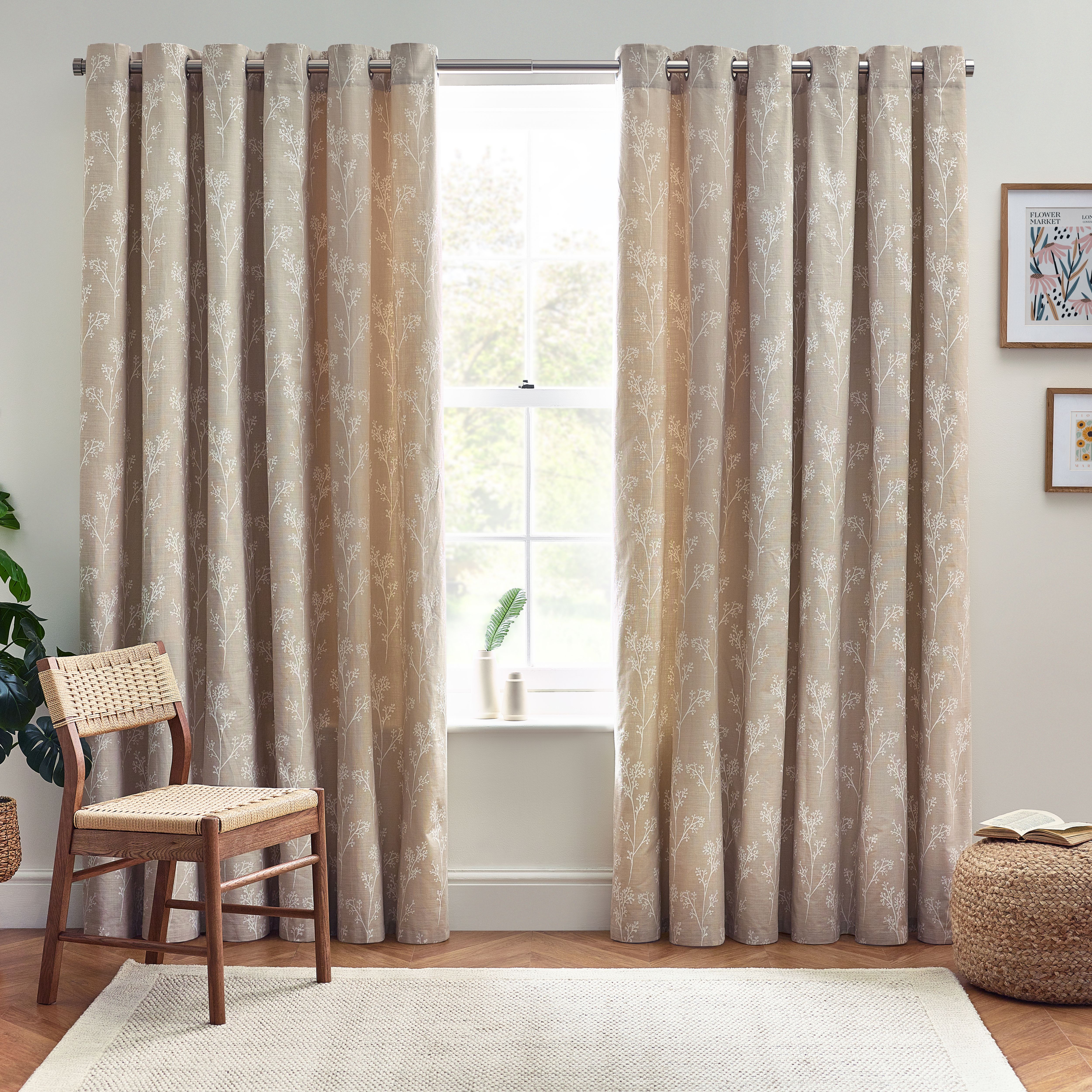 Taupe & White Floral Lined Eyelet Curtains (W)117cm (L)137cm, Pair ...