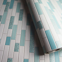 Teal & white Tile Metallic effect Blown Wallpaper