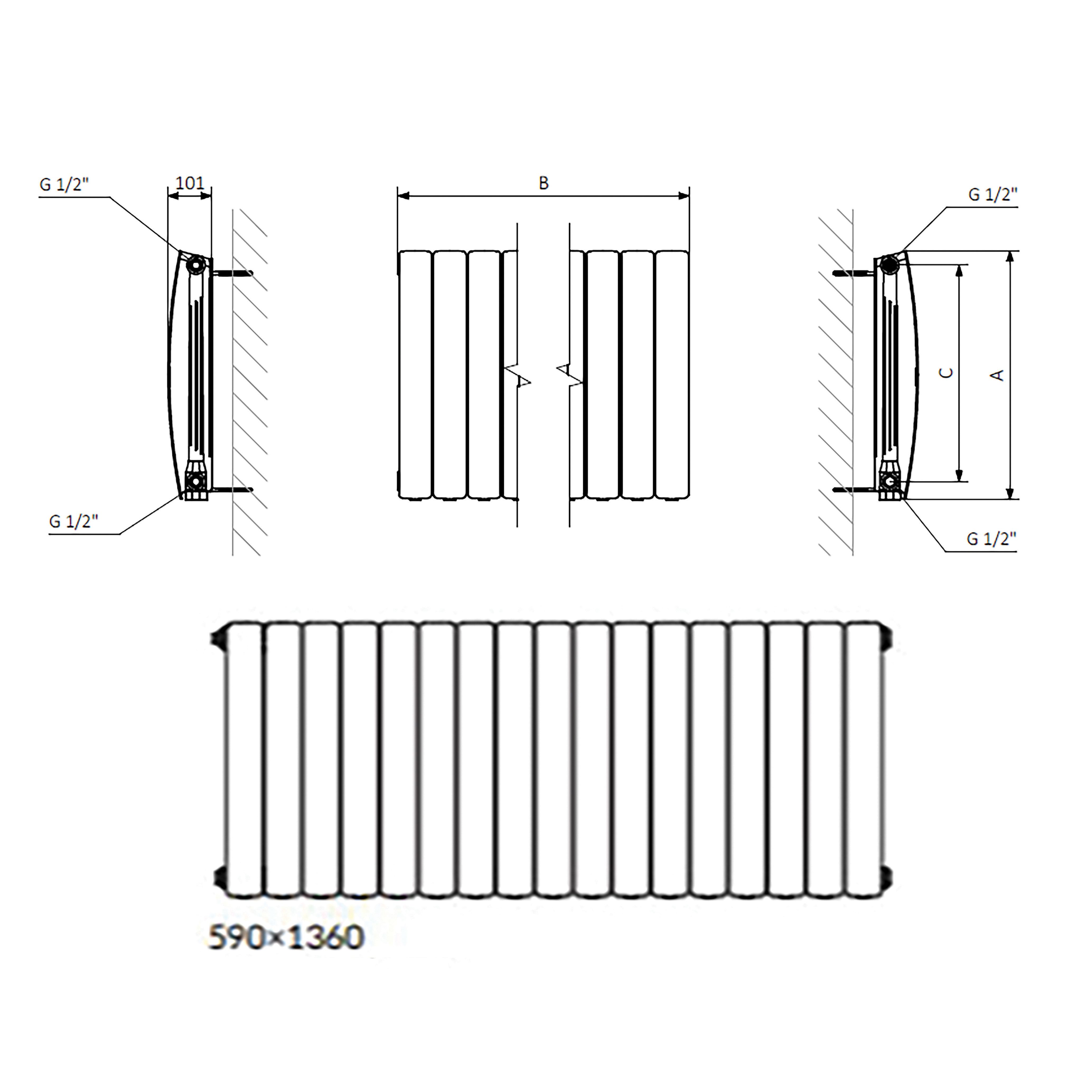 Terma Bergamo Graphite Hydronic Horizontal Designer 6530BTU Radiator, (W)1360mm x (H)590mm