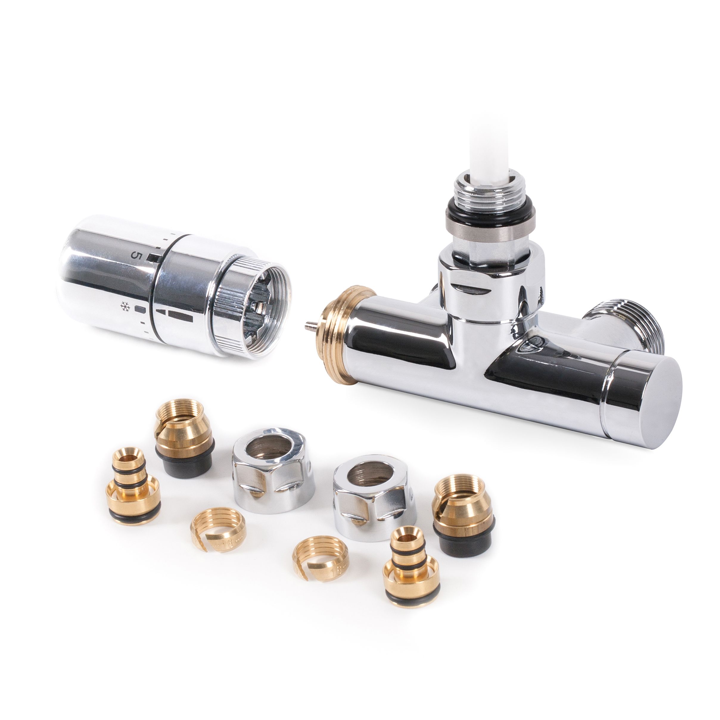 Terma Chrome Left sided Angled Radiator valve & lockshield (Dia)15mm x ½