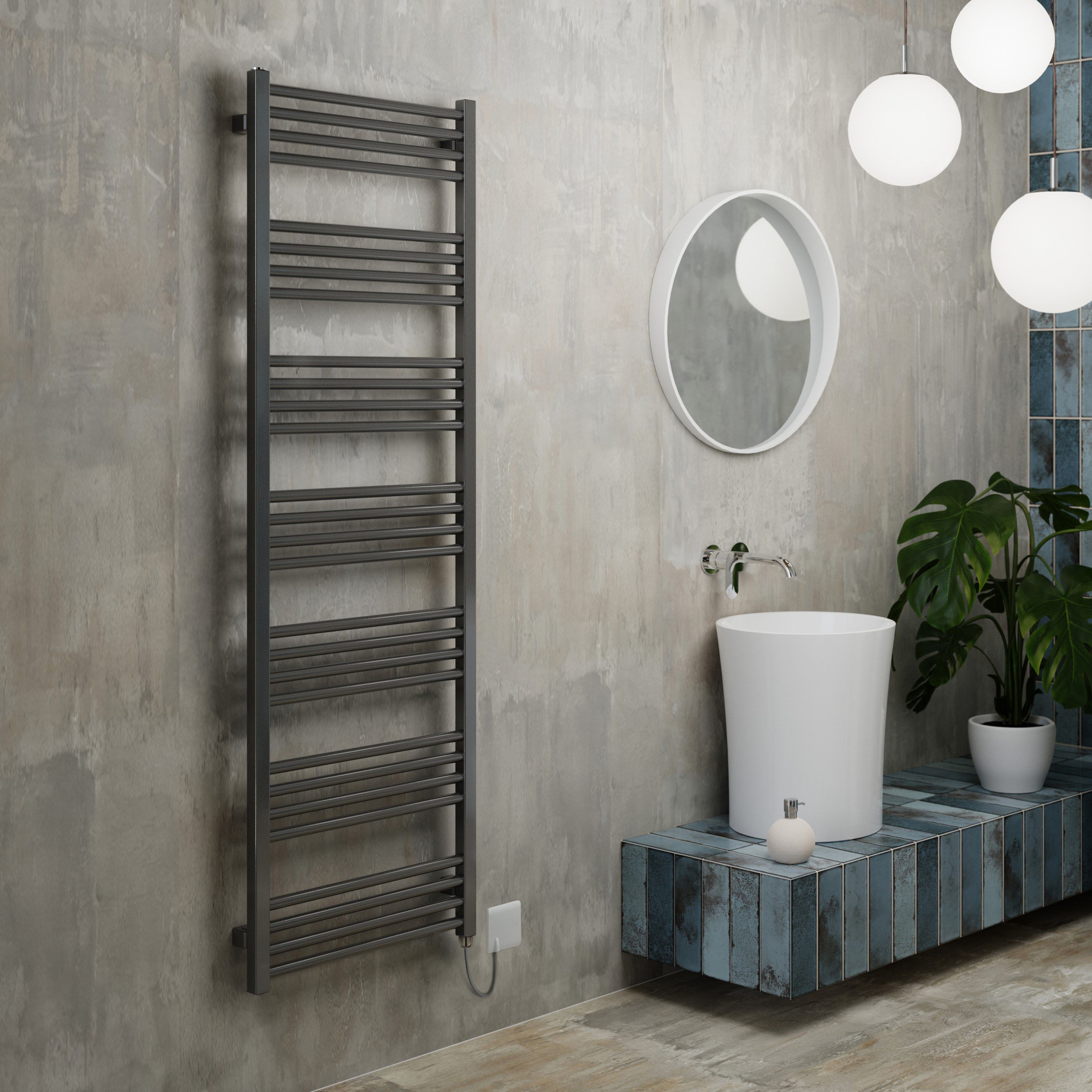 Terma Fiona Matt sparkling grey Oil-filled 2728BTU Electric towel radiator (H) 1620mm x (W) 500mm