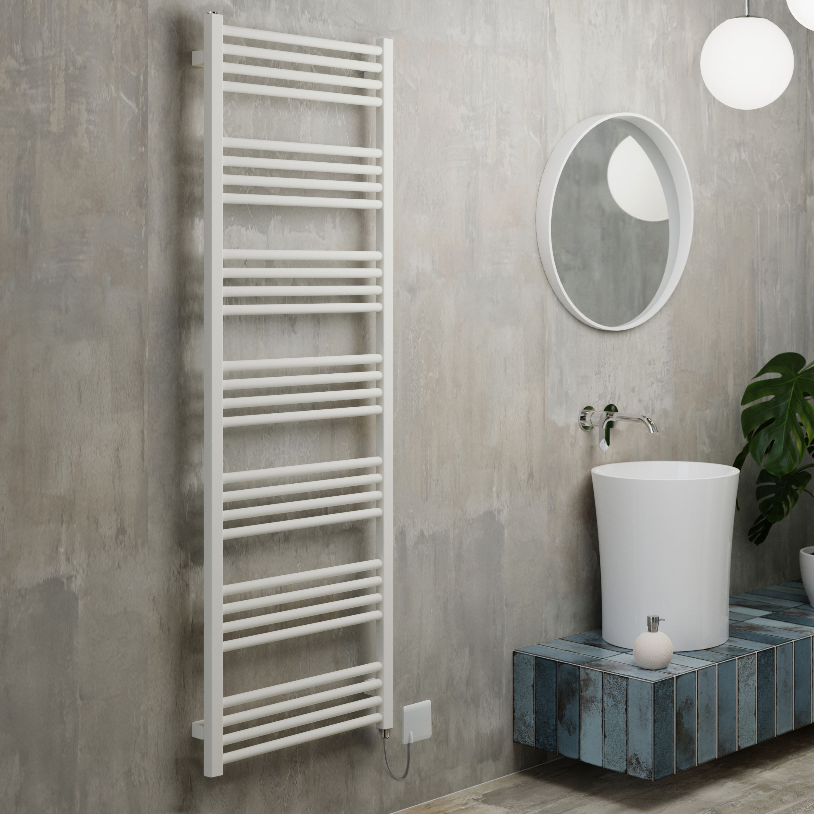 Terma Fiona Satin soft white Oil-filled 2046BTU Electric towel radiator (H) 1620mm x (W) 500mm