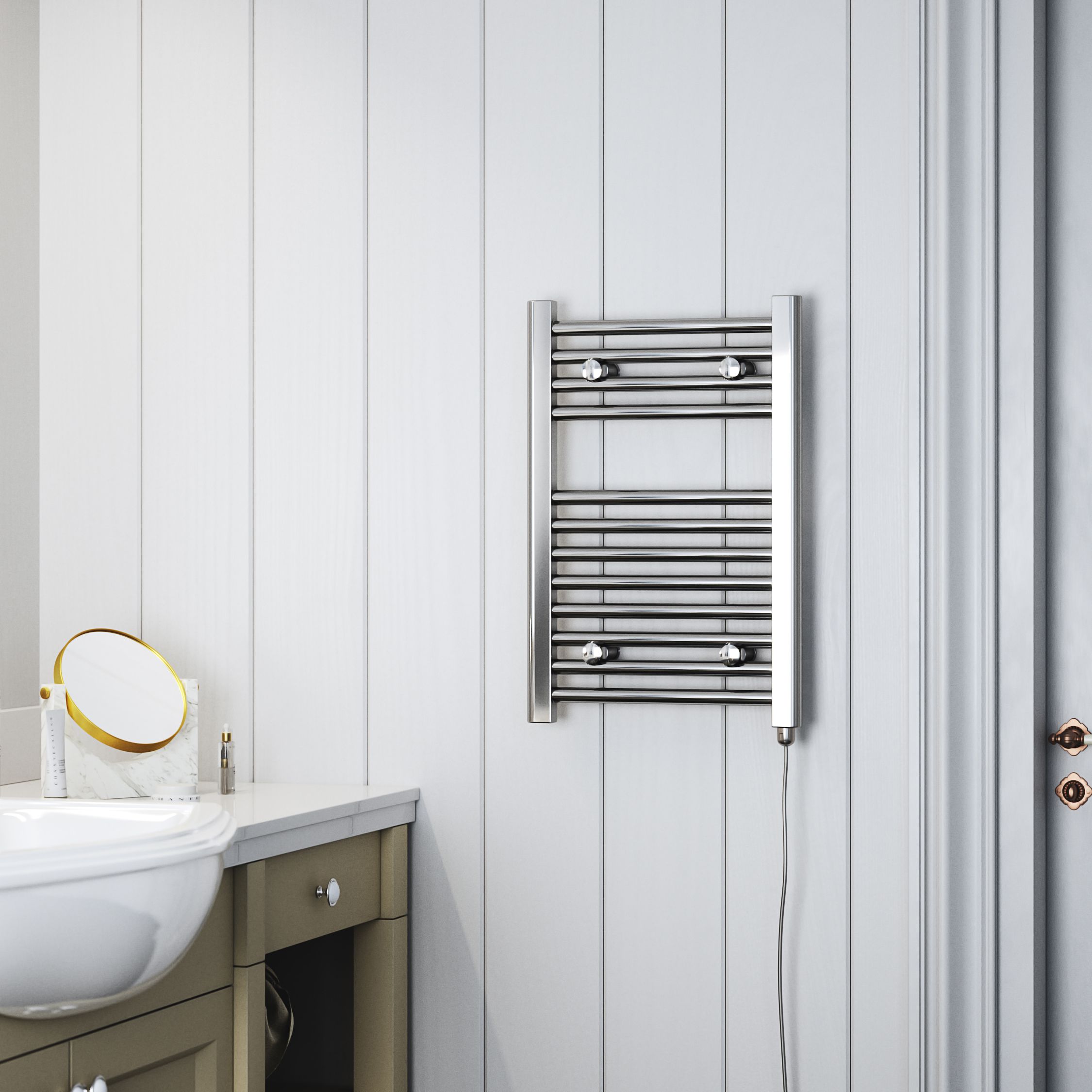 Terma Leo Chrome effect Electric Towel warmer (W)400mm x (H)600mm