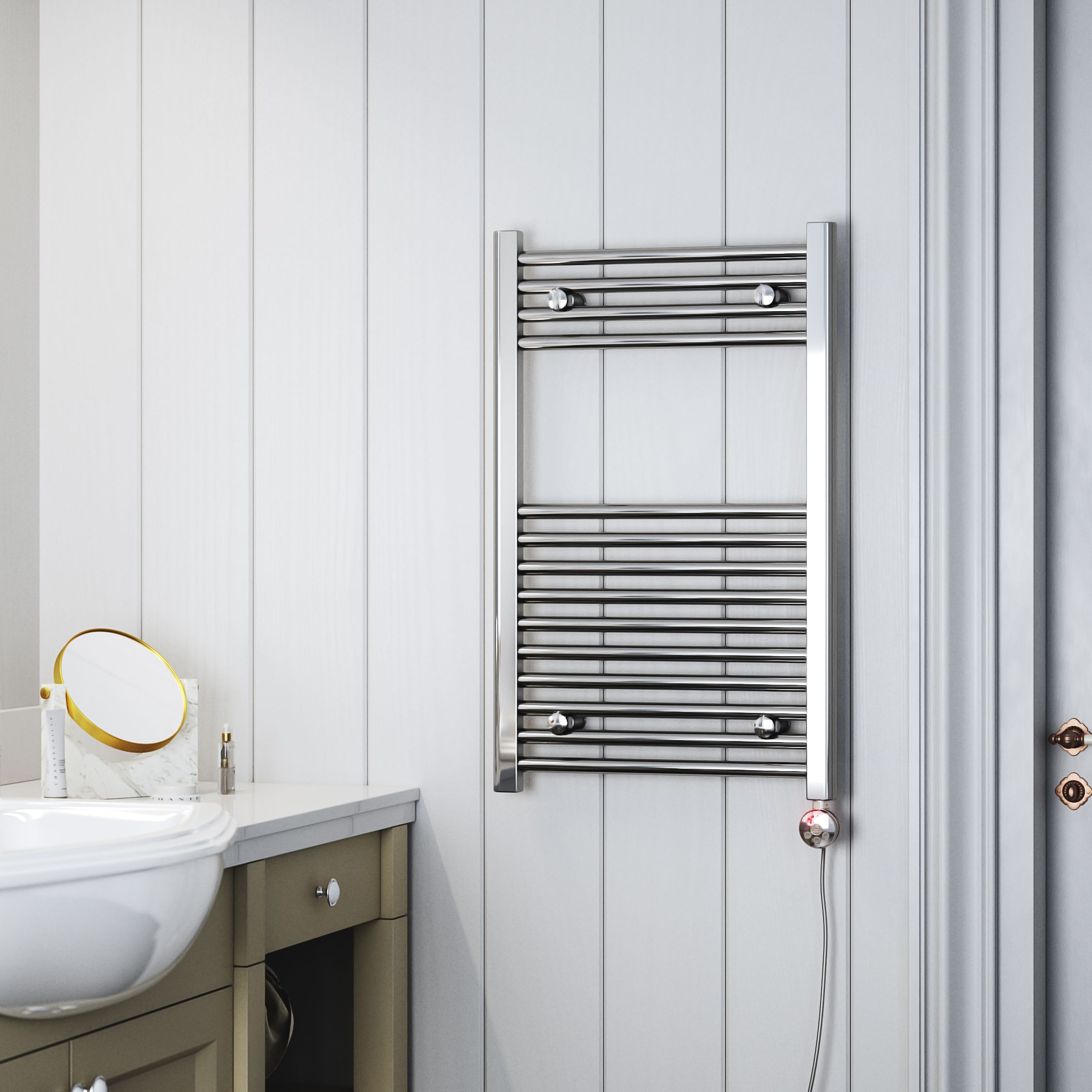 Terma Leo Chrome effect Electric Towel warmer (W)500mm x (H)800mm