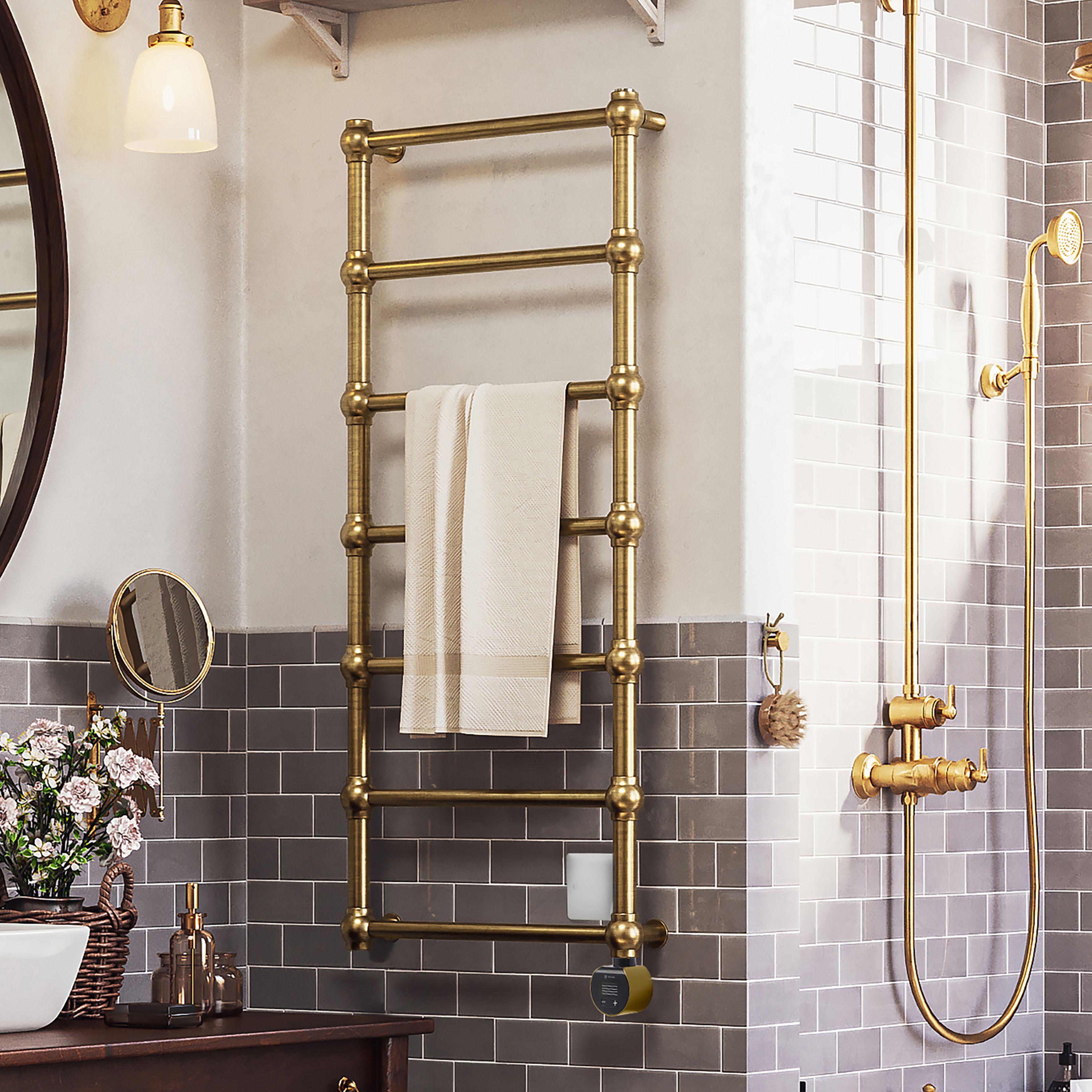 Terma Retro Matt brushed brass Oil-filled Electric towel radiator