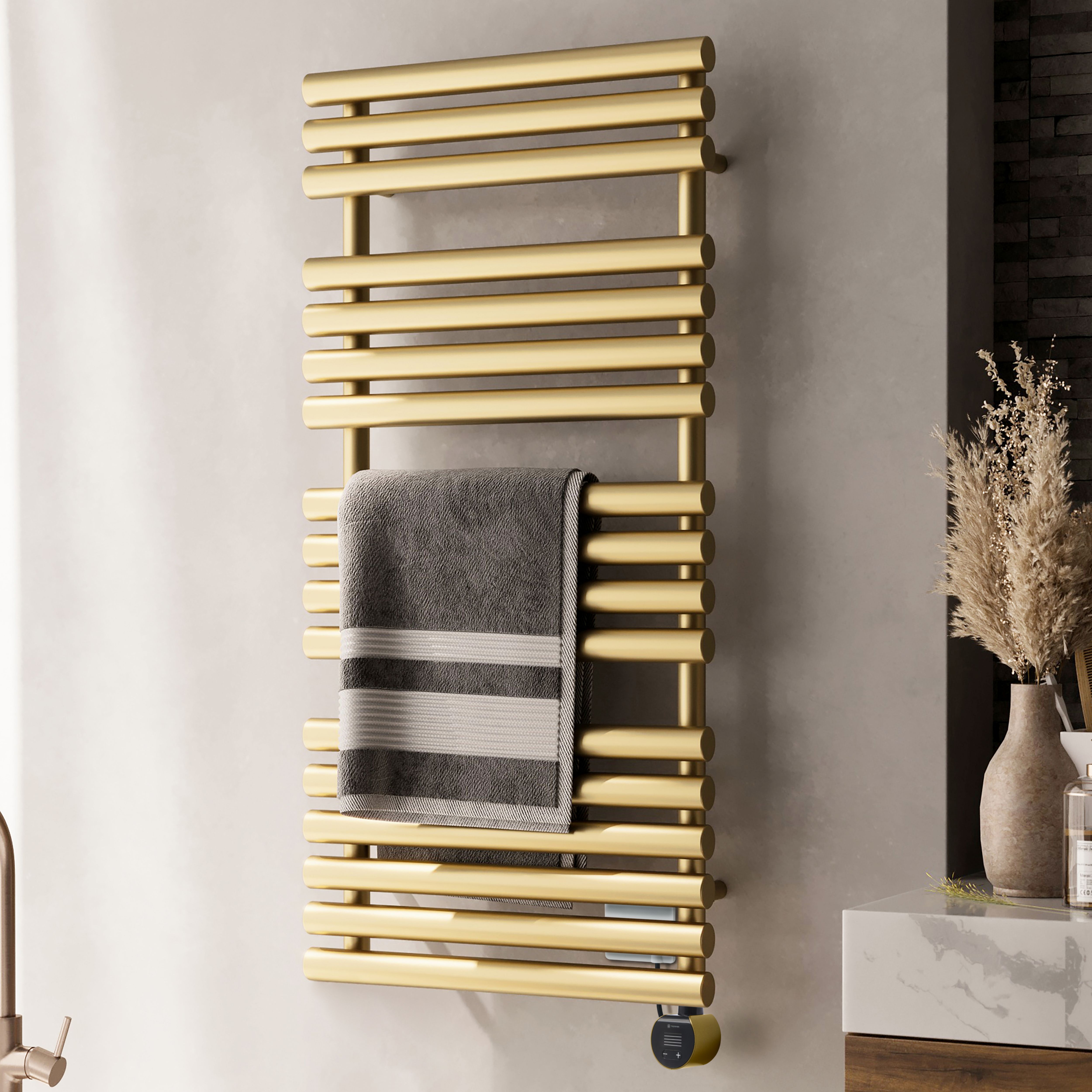 Terma Rolo Matt brass Oil-filled 2046BTU Electric towel radiator (H) 1085mm x (W) 520mm
