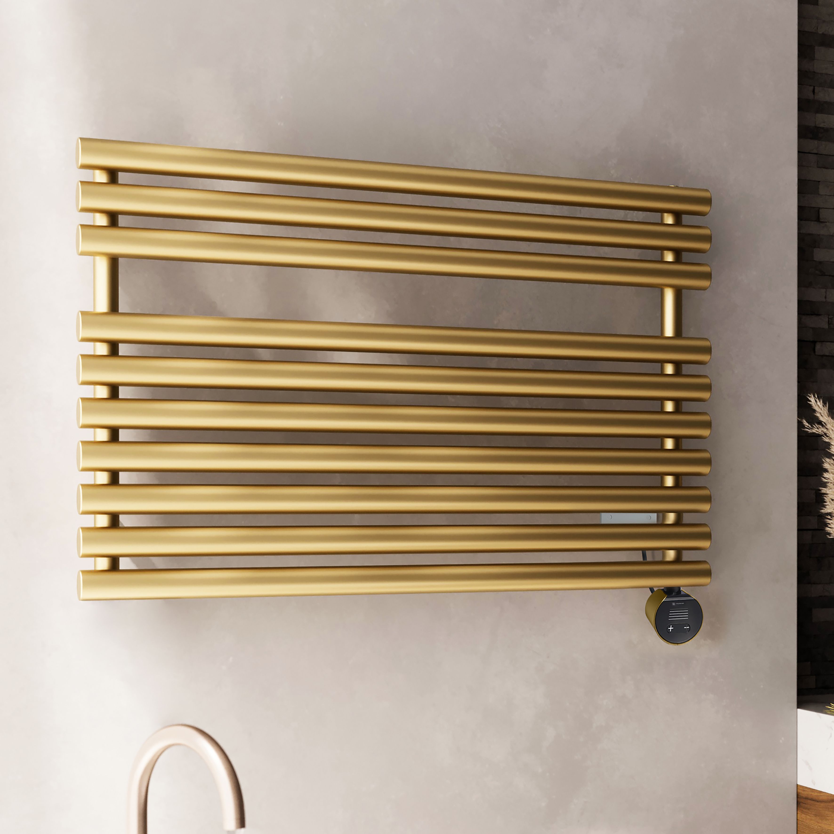Terma Rolo Matt brass Oil-filled 2046BTU Electric towel radiator (H) 590mm x (W) 900mm
