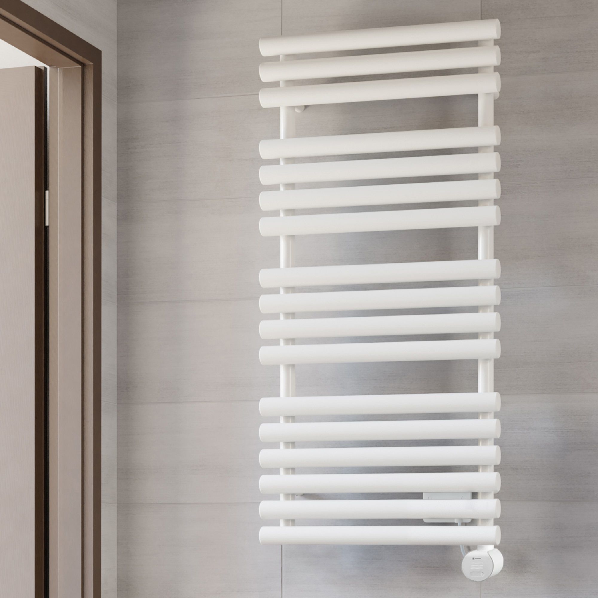 Terma Rolo Satin white Oil-filled 2046BTU Electric towel radiator (H) 1085mm x (W) 520mm