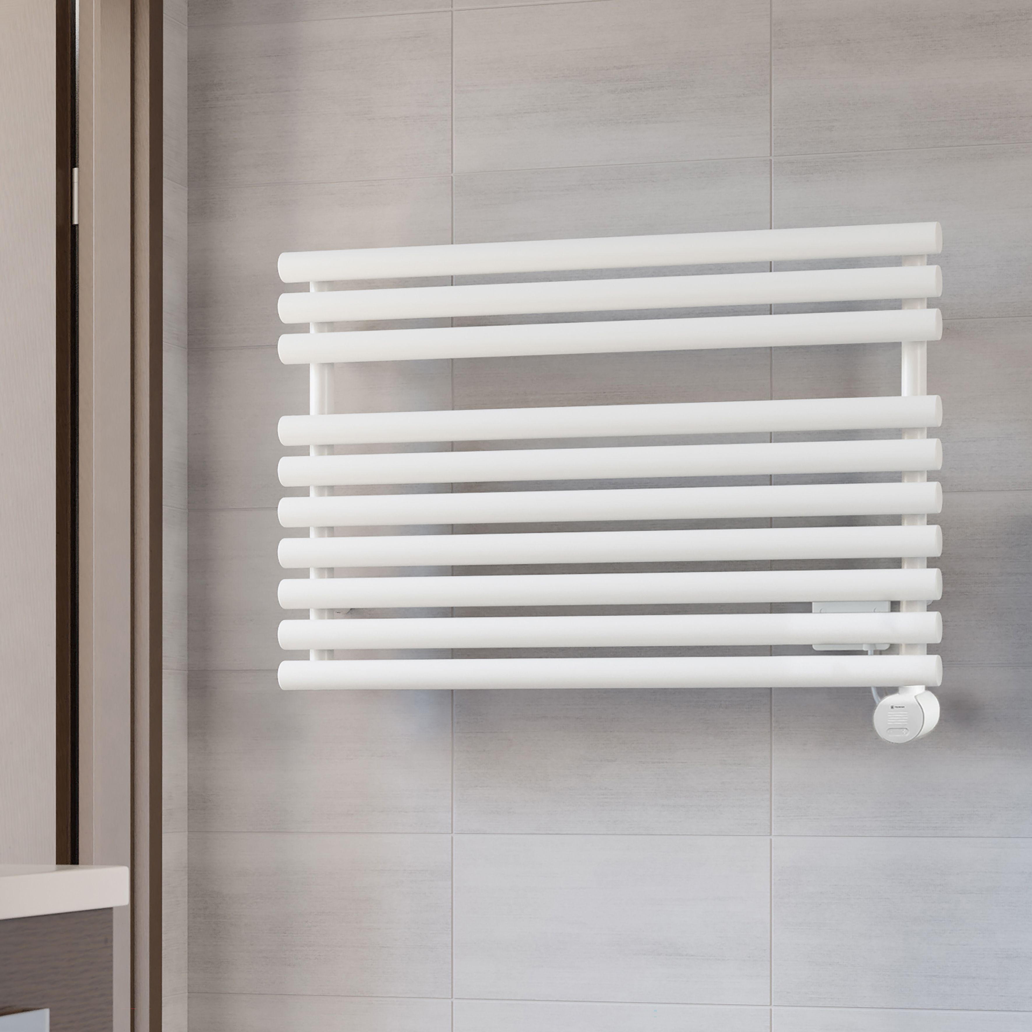 Terma Rolo Satin white Oil-filled 2046BTU Electric towel radiator (H) 590mm x (W) 900mm