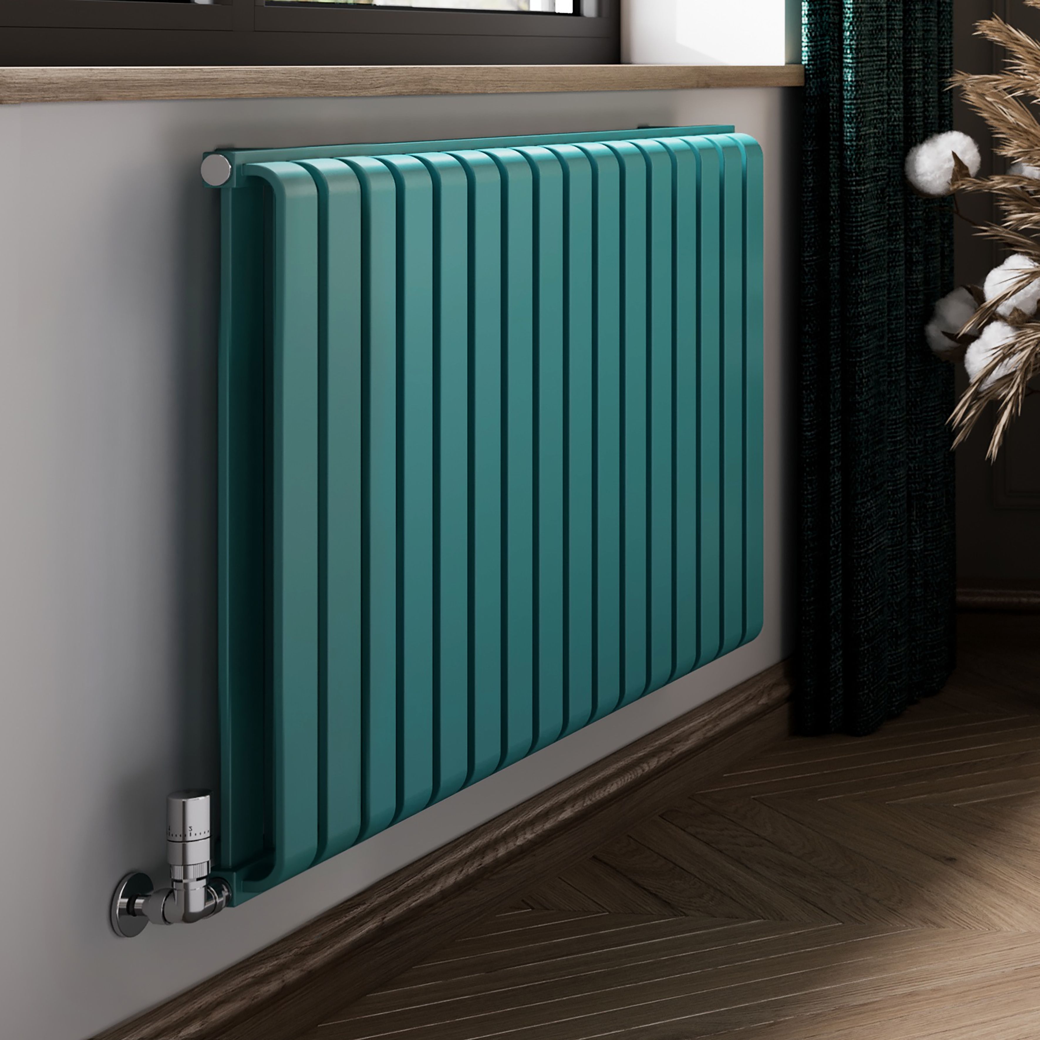 Terma Warp Room Teal Hydronic Horizontal Designer 3945BTU Radiator, (W)1045mm x (H)630mm