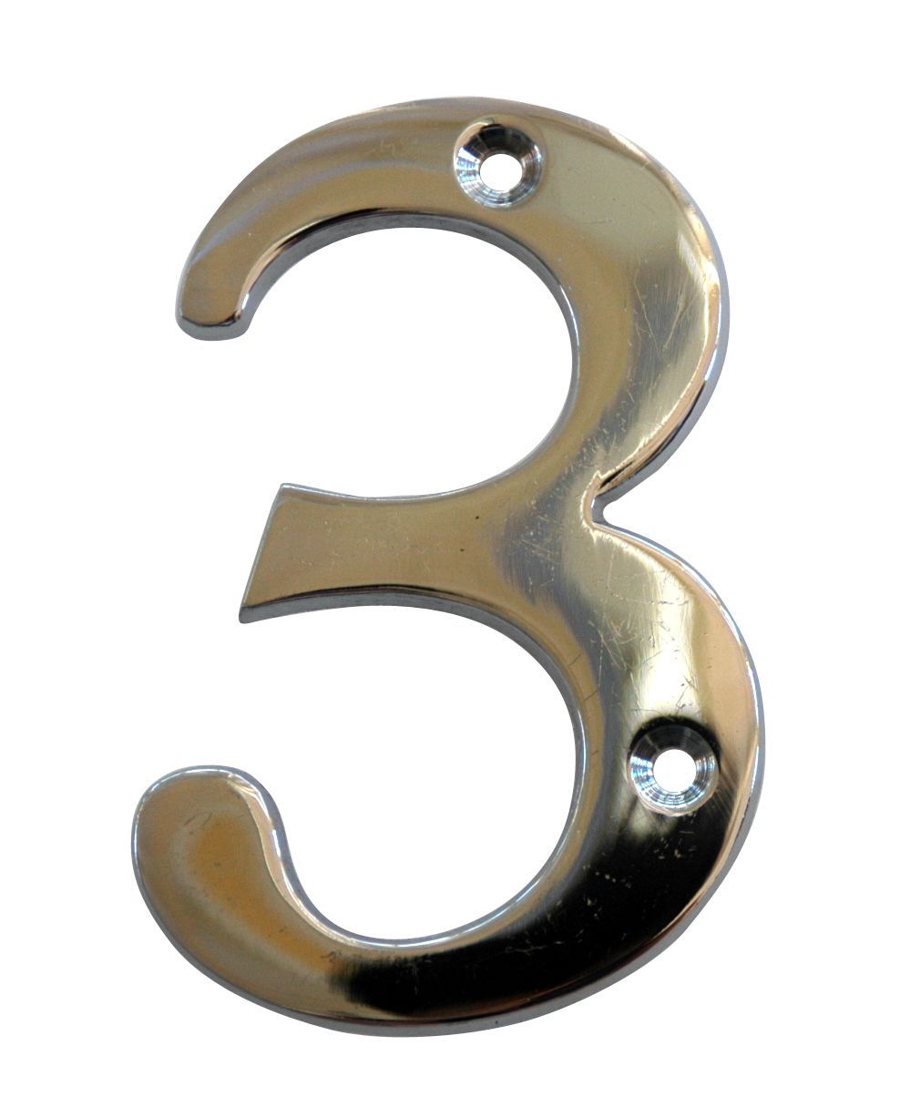 The House Nameplate Company Polished Chrome effect Metal House number 3, (H)100mm (W)63mm