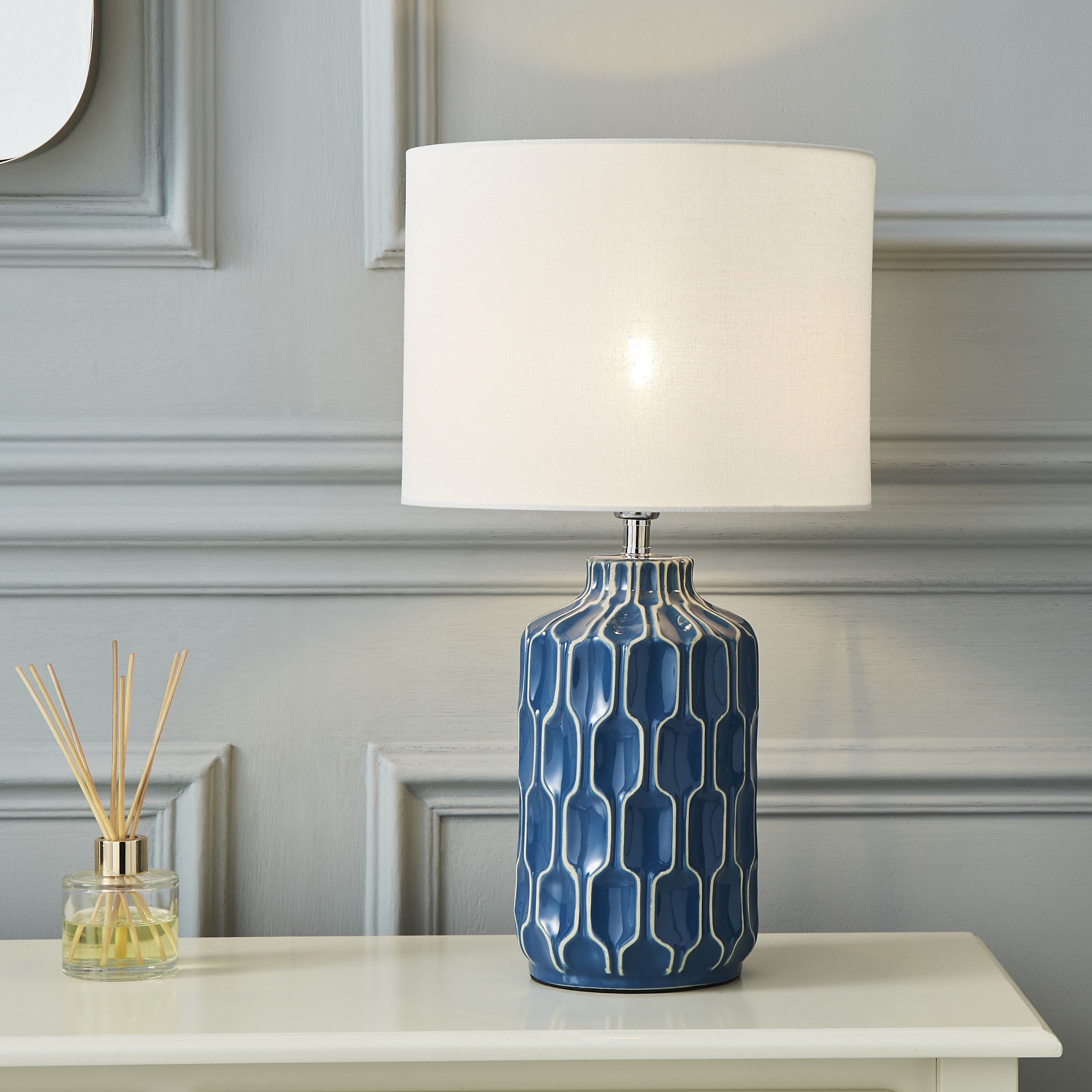 The Lighting Edit Berg Geometric Blue Chrome effect Cylinder Table lamp