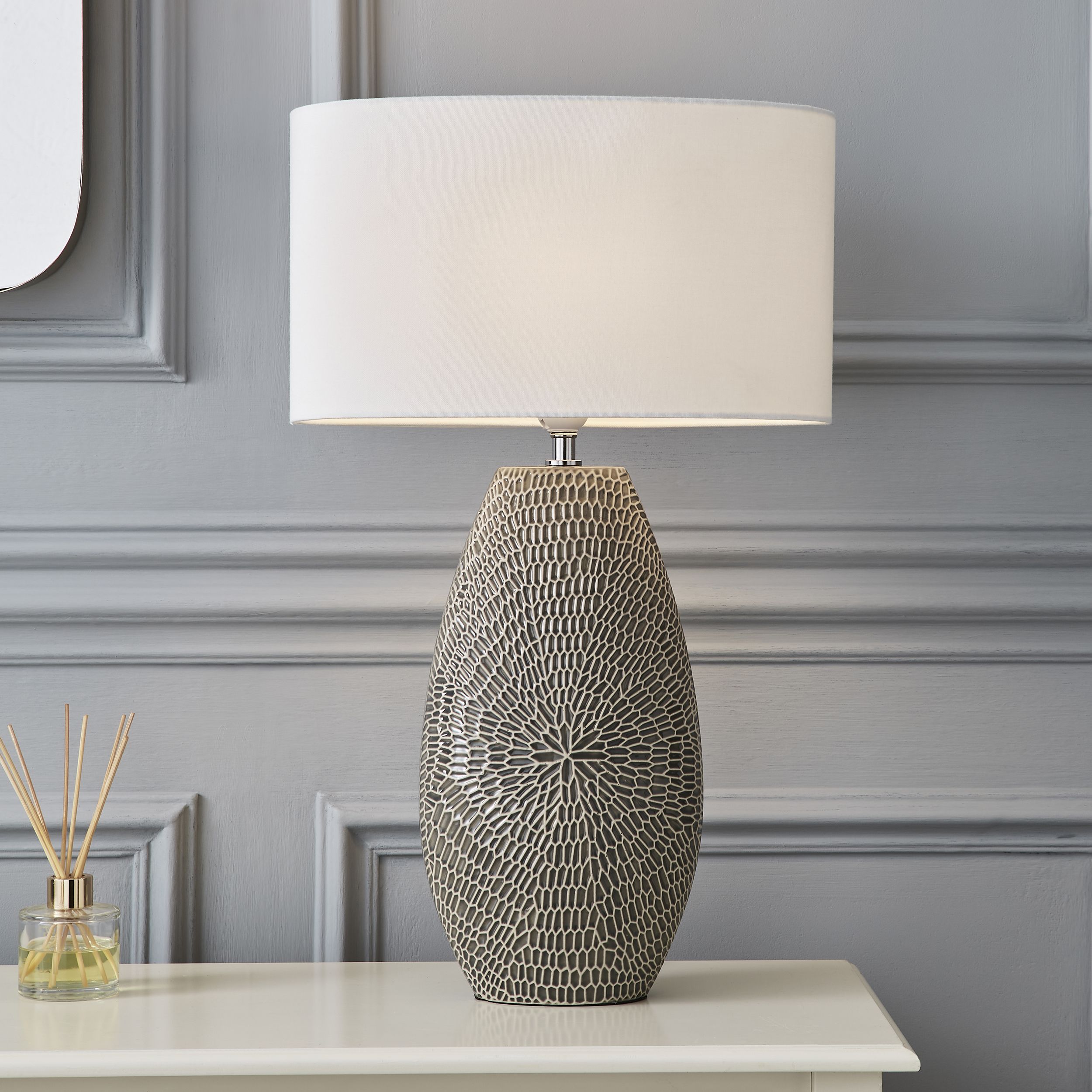 The Lighting Edit Cylinder Satin Stone Crackle effect Table lamp