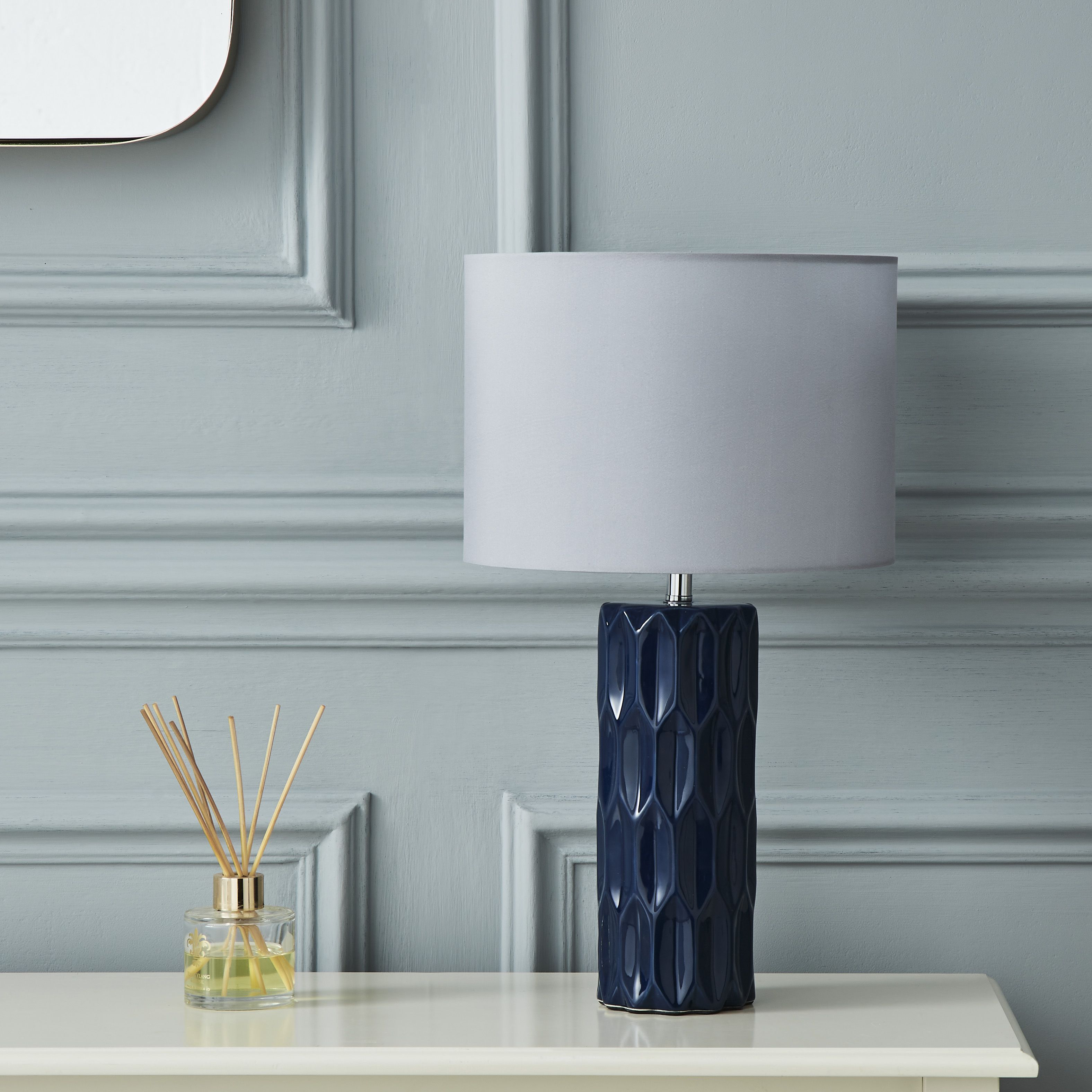 Navy bedside outlet lamps