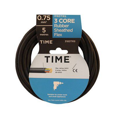 Time Black 3-core Flexible Cable 0.75mm² x 5m