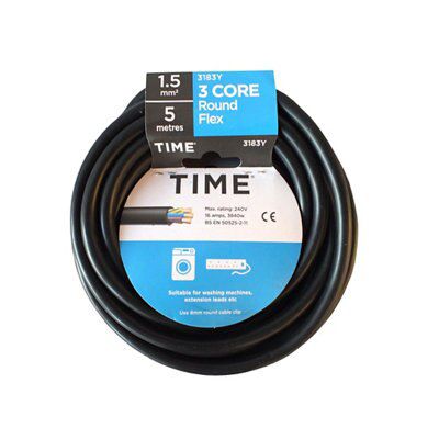 Time Black 3-core Flexible Cable 1.5mm² x 5m