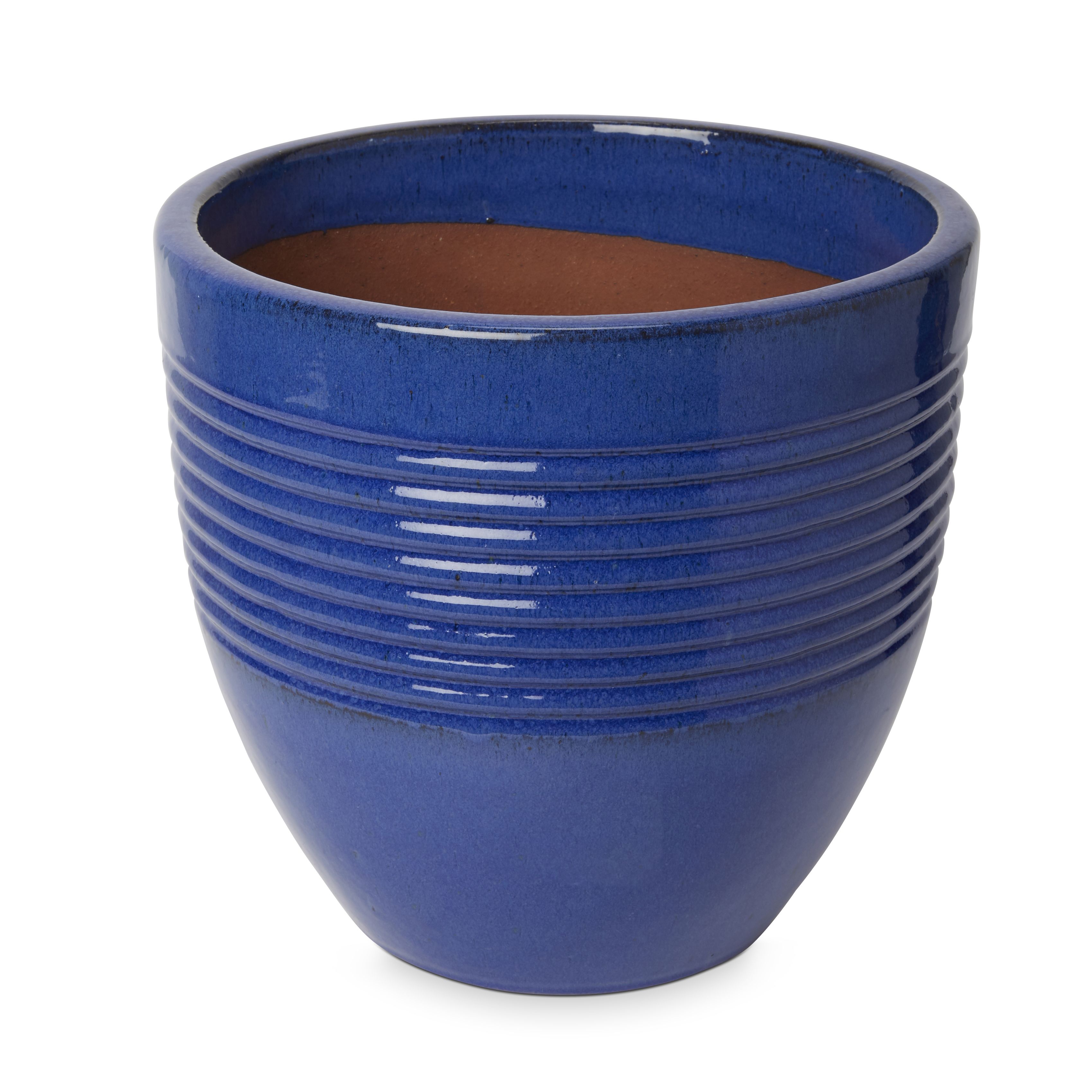 Tiwlip Blue Ceramic Ribbed Round Plant Pot (Dia)33cm | DIY At B&Q