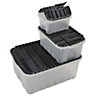Tontarelli Heavy duty Clear & Black 48.5L Plastic Stackable Storage box & Lid, Set of 3