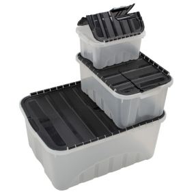 Tontarelli Heavy duty Clear & Black 48.5L Polypropylene Stackable Storage box, Set of 3
