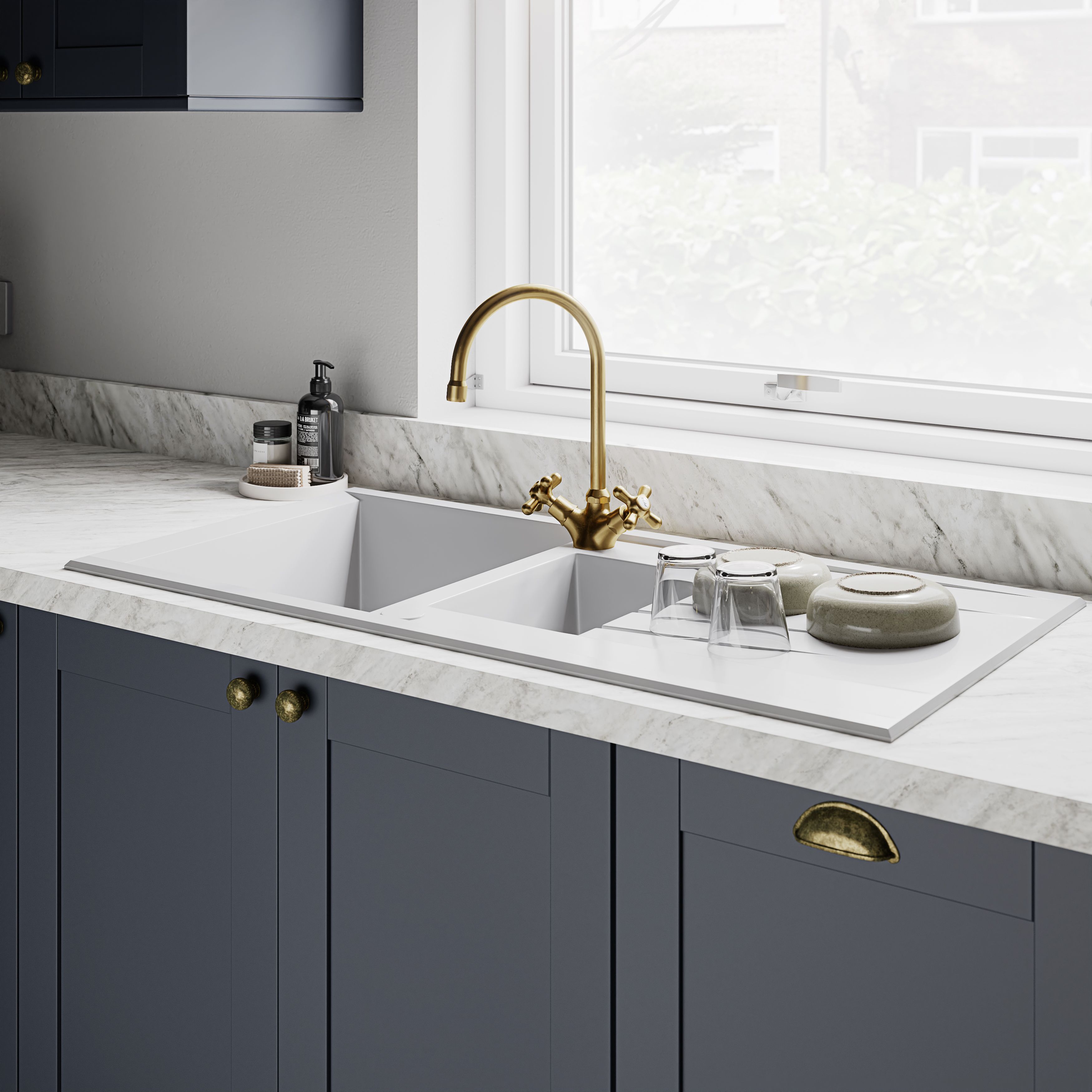 Torc Semi-gloss Antique brass effect Kitchen Dual lever Tap