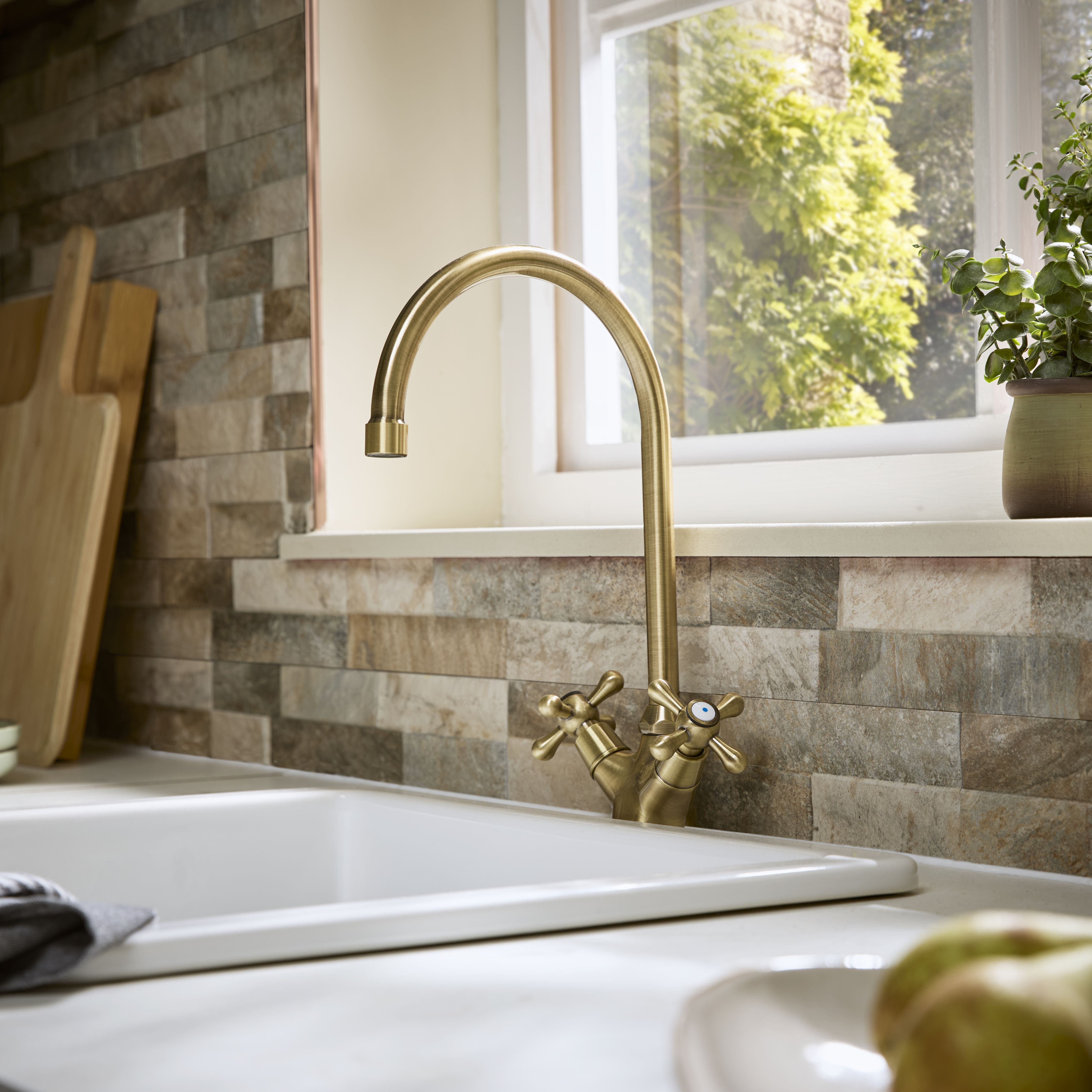 Torc Semi-gloss Antique brass effect Kitchen Dual lever Tap