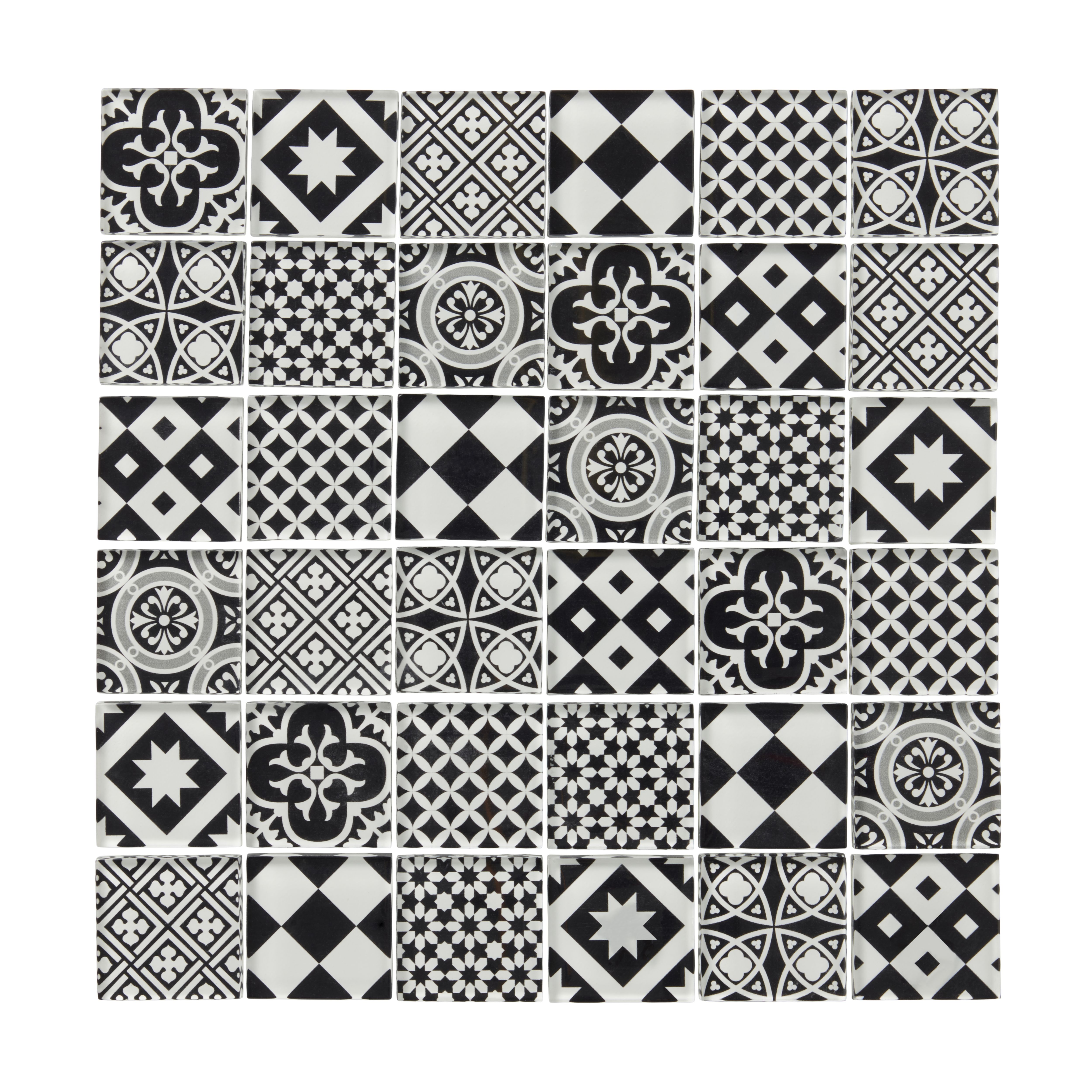 Tortorey Black & white Gloss Concrete effect Glass Mosaic tile sheet, (L)300mm (W)300mm