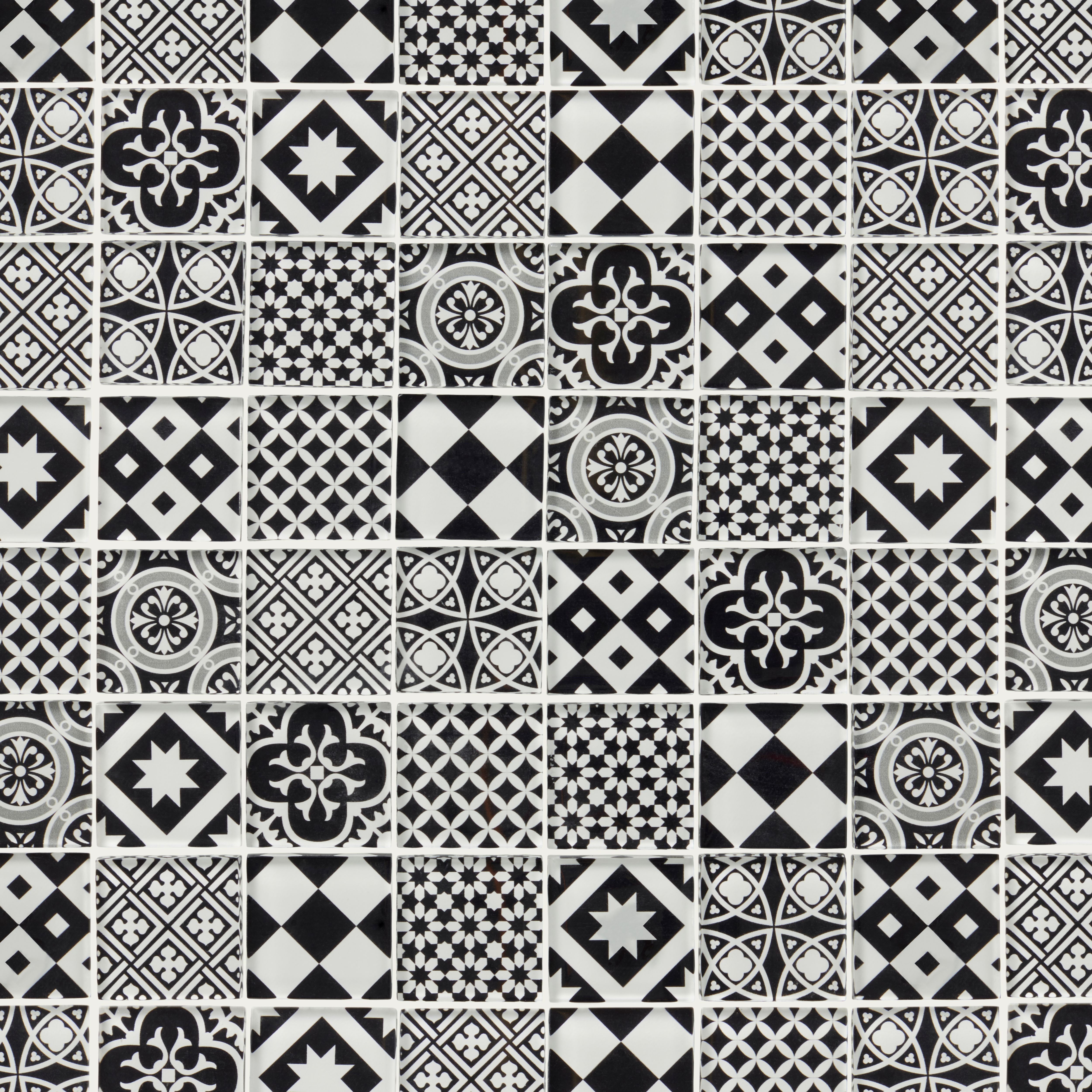 Tortorey Black & white Gloss Concrete effect Glass Mosaic tile sheet, (L)300mm (W)300mm
