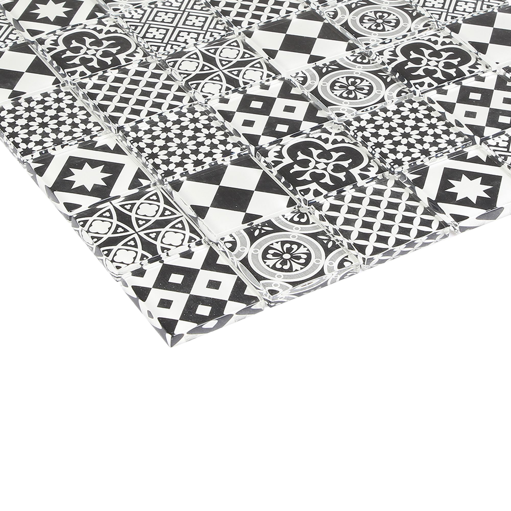 Tortorey Black & white Gloss Concrete effect Glass Mosaic tile sheet, (L)300mm (W)300mm