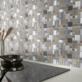 Tourino Grey Gloss & matt Glass effect Flat Aluminium & glass Mosaic tile sheet, (L)300mm (W)300mm