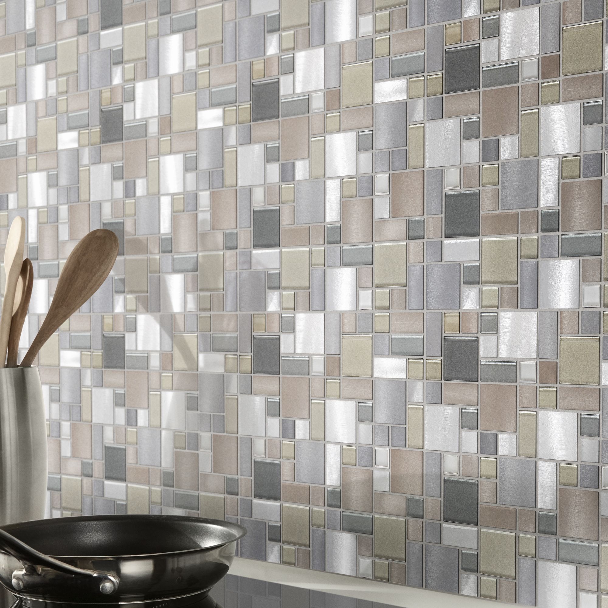 Tourino Grey Mosaic tile sheet (L)300mmAluminium & glass - 5
