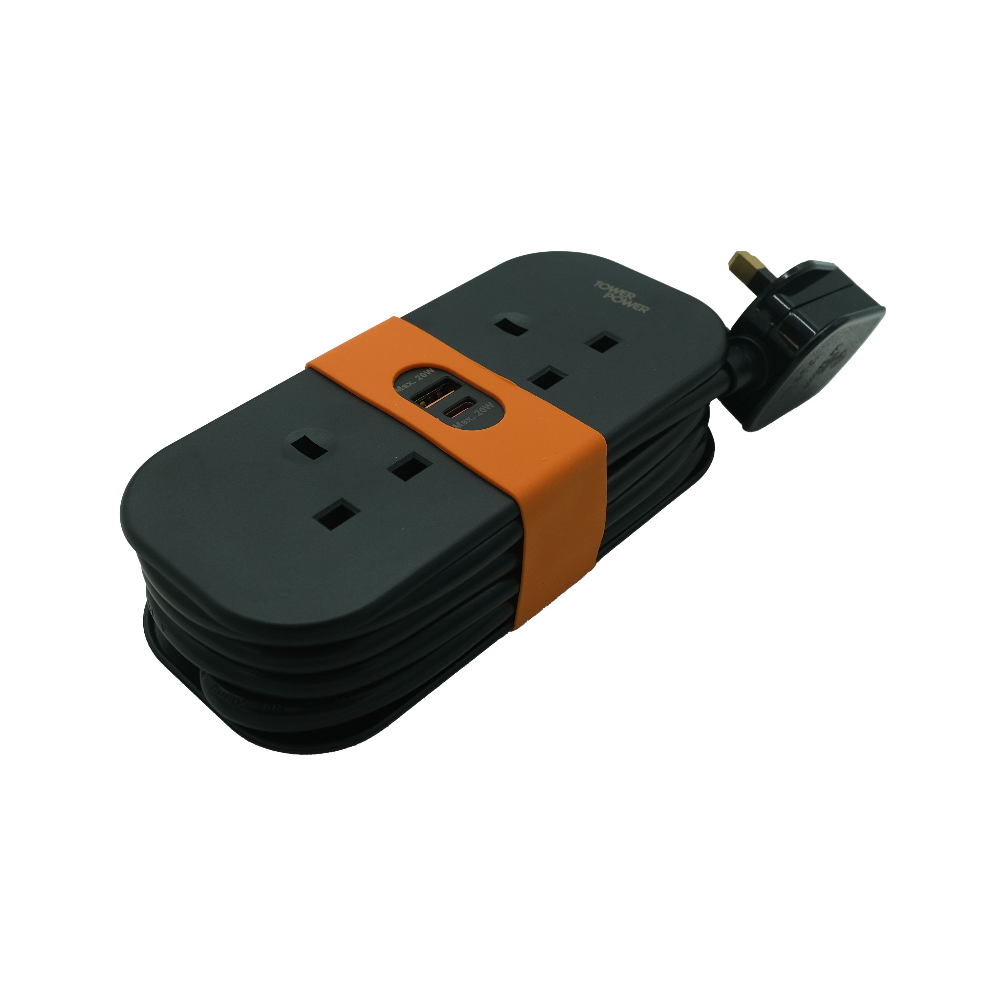 Tower Black 13A 2 socket Travel extension lead with USB, 1.4m