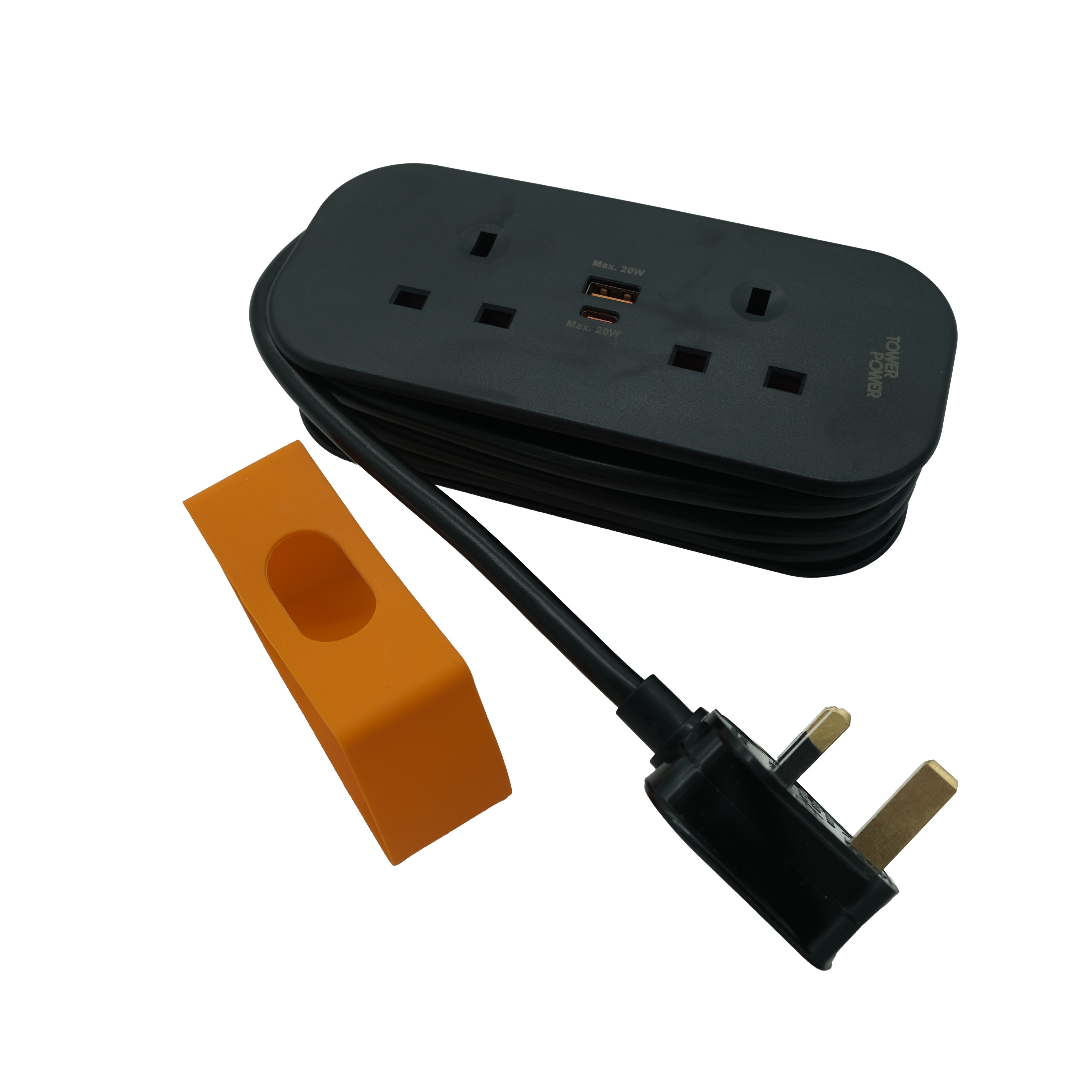 Tower Black 13A 2 socket Travel extension lead with USB, 1.4m