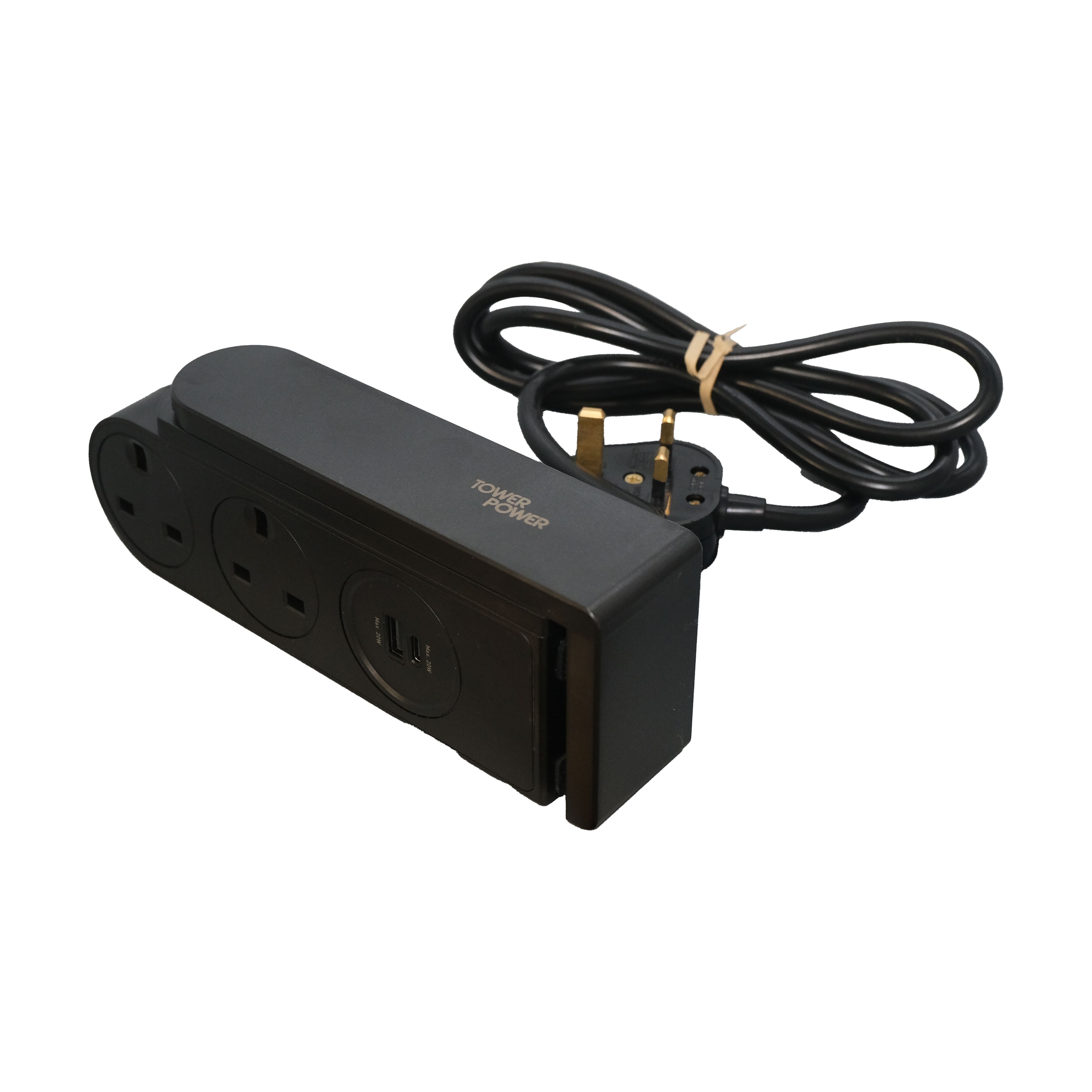 Tower Clip On Black 13A 2 socket Extension lead with USB, 1.5m