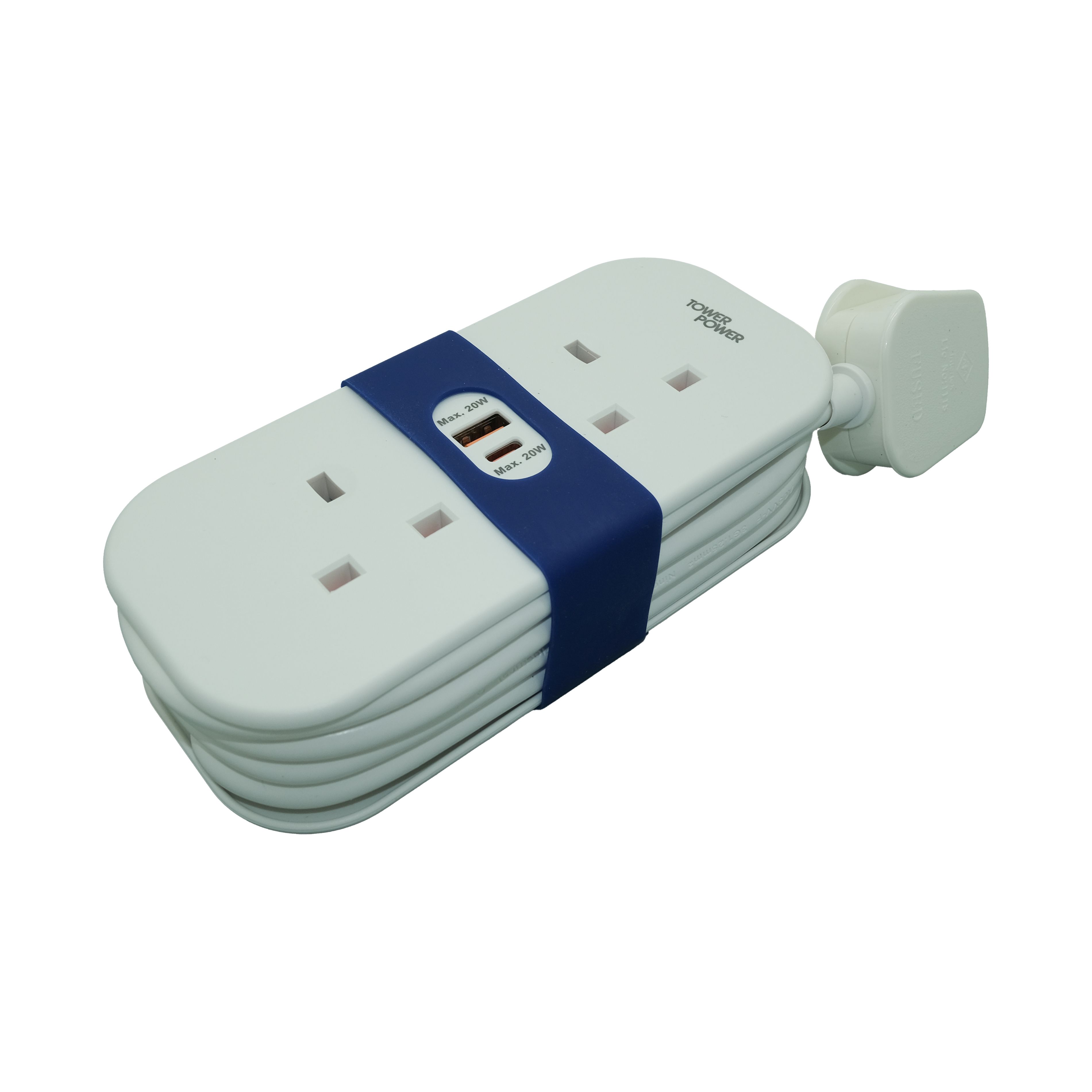 Tower White 13A 2 socket Travel extension lead with USB, 1.4m
