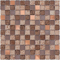 Tramonti Brown Gloss & matt Square Glass & stone Mosaic tile sheet, (L)300mm (W)300mm