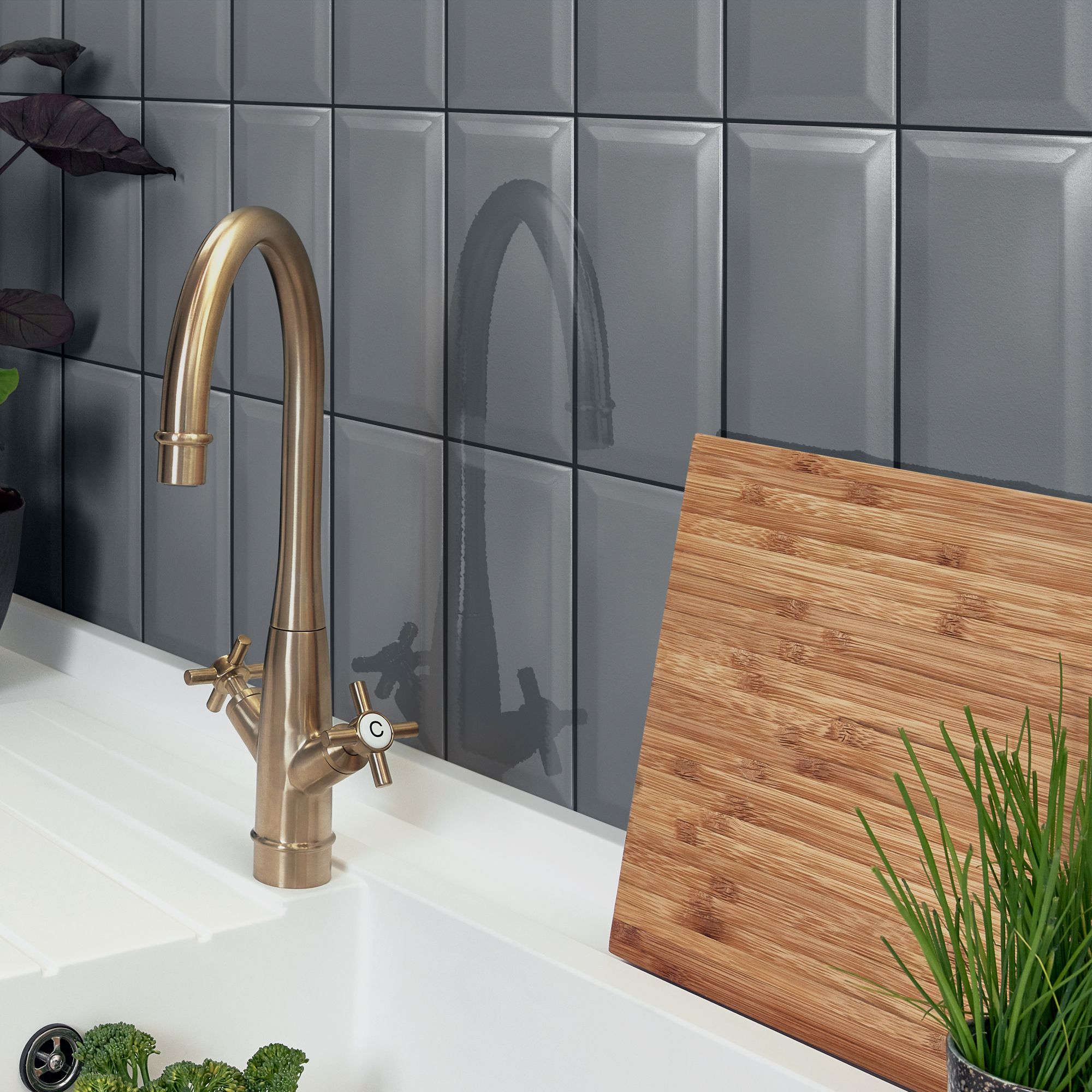 Trentie Anthracite Gloss Textured Ceramic Indoor Wall Tile, Pack of 50, (L)200mm (W)100mm