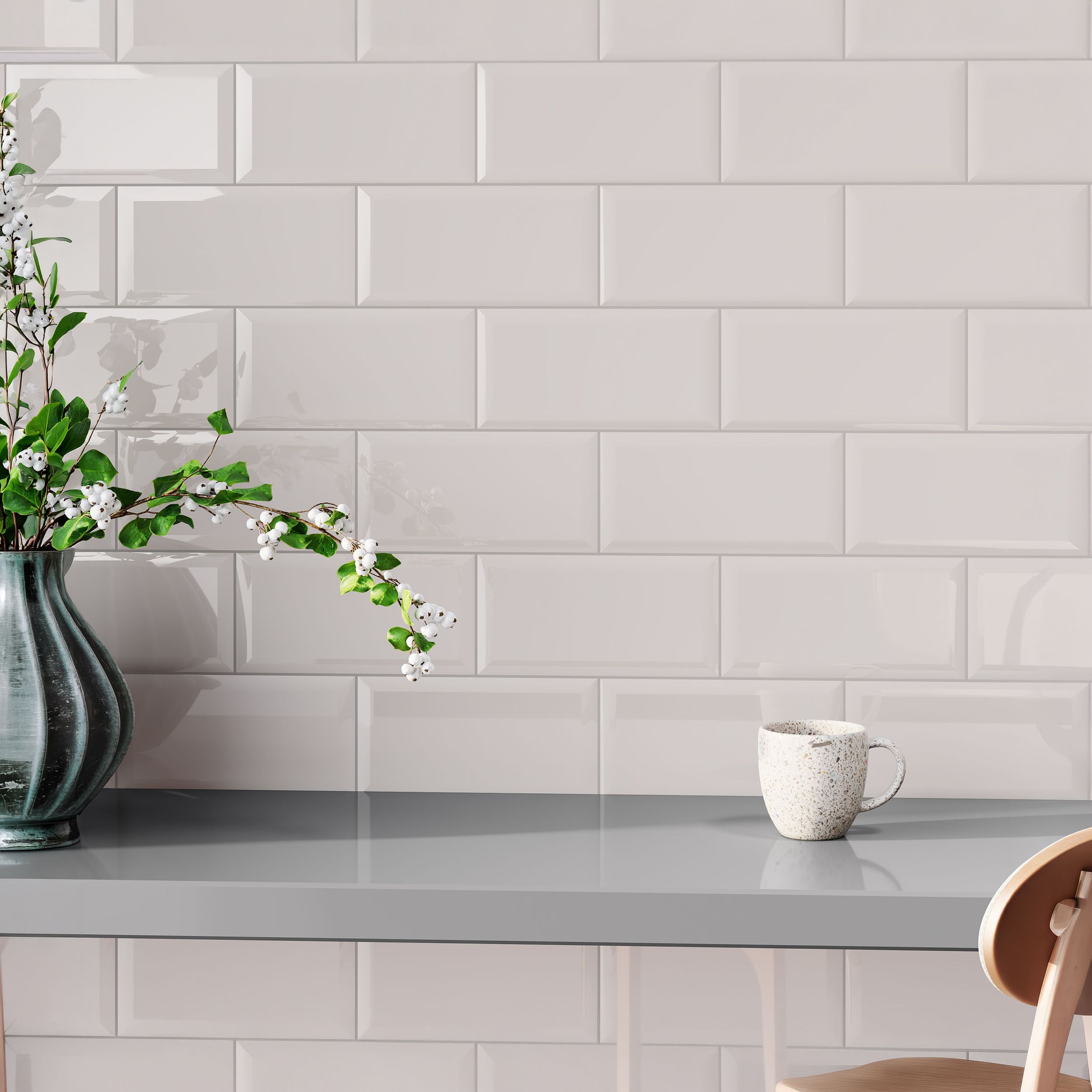 Trentie Beige Gloss Textured Ceramic Indoor Wall Tile, Pack of 50, (L)200mm (W)100mm