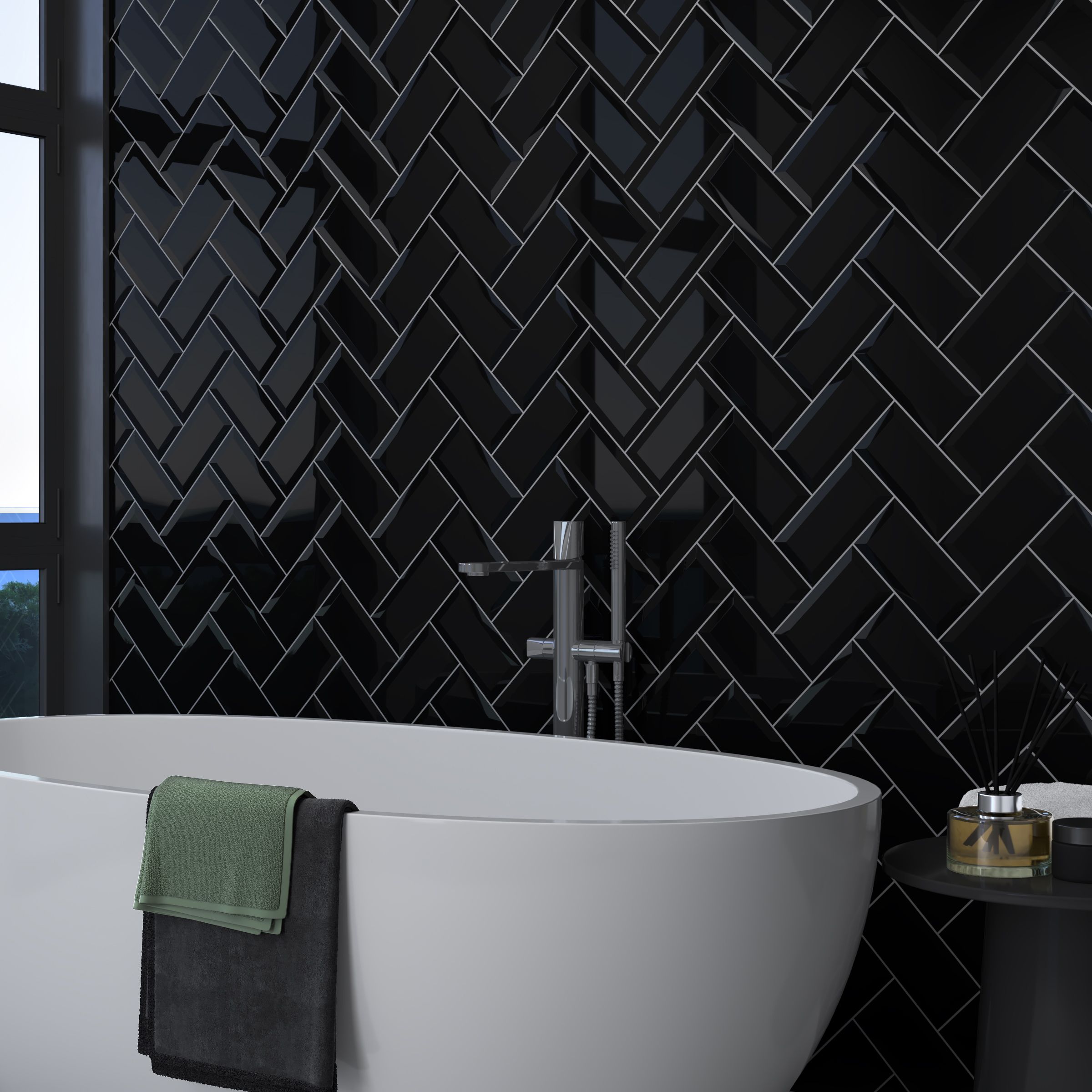 Trentie Black Gloss Metro Ceramic Indoor Wall tile, Pack of 40, (L)200mm (W)100mm