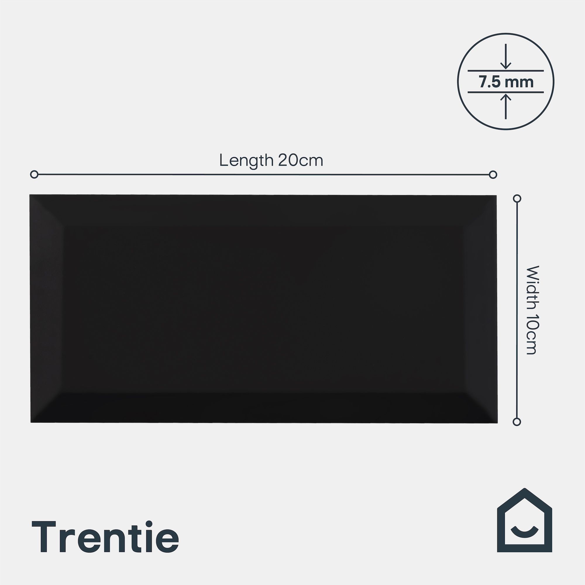 Trentie Black Gloss Textured Ceramic Indoor Wall Tile, Pack of 50, (L)200mm (W)100mm