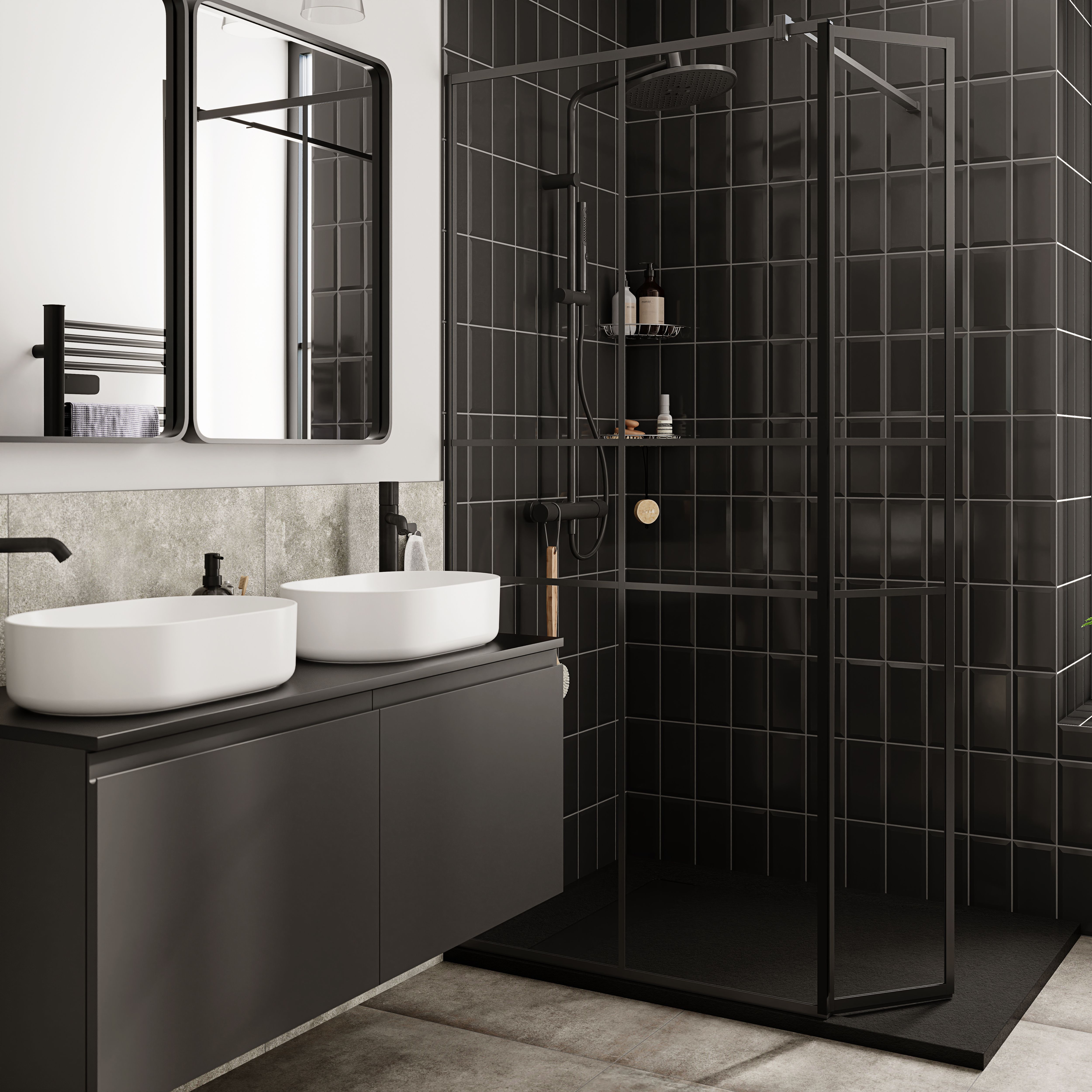 Trentie Black Gloss Textured Ceramic Indoor Wall Tile, Pack of 50, (L)200mm (W)100mm