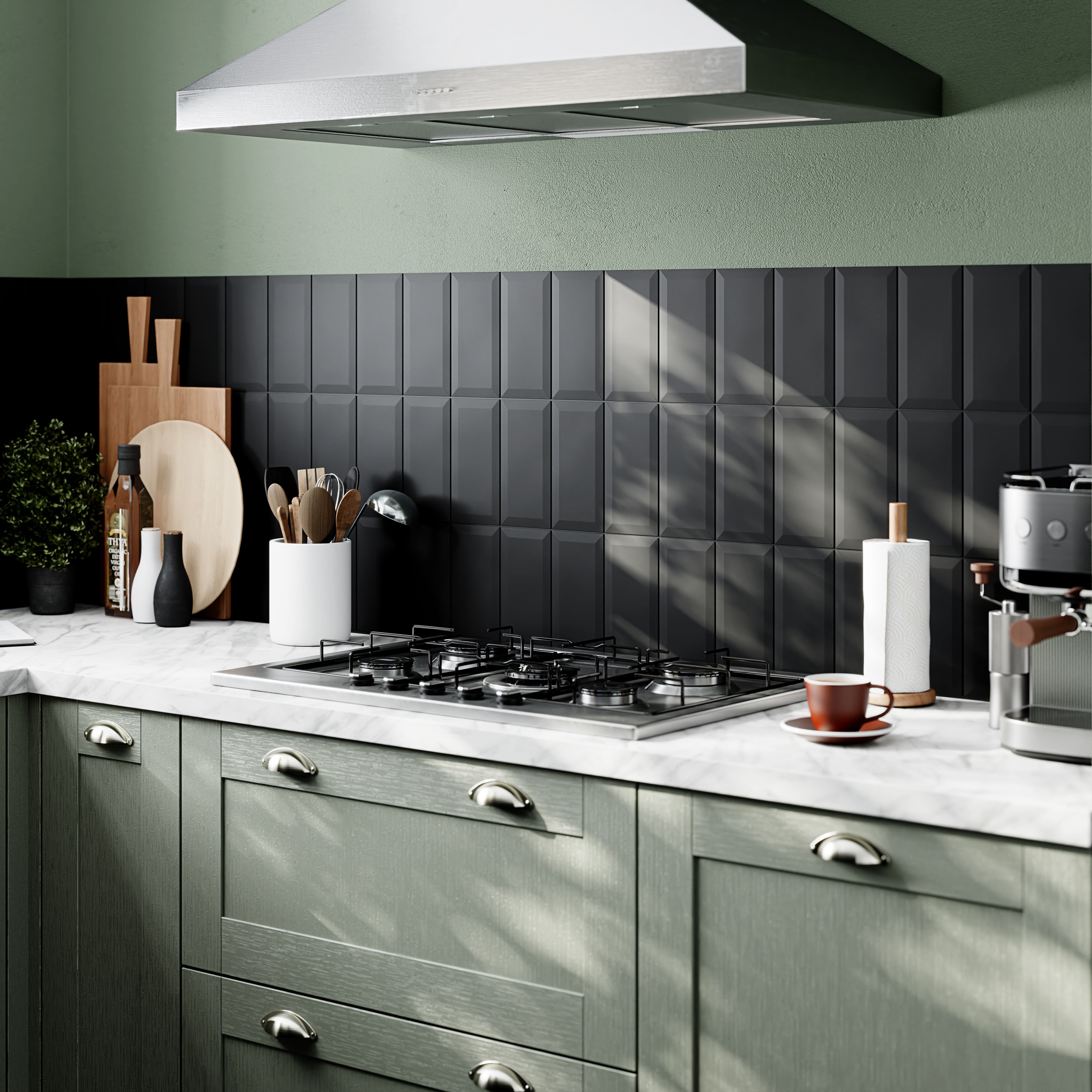 Trentie Black Matt Textured Ceramic Indoor Wall Tile, Pack of 50, (L)200mm (W)100mm