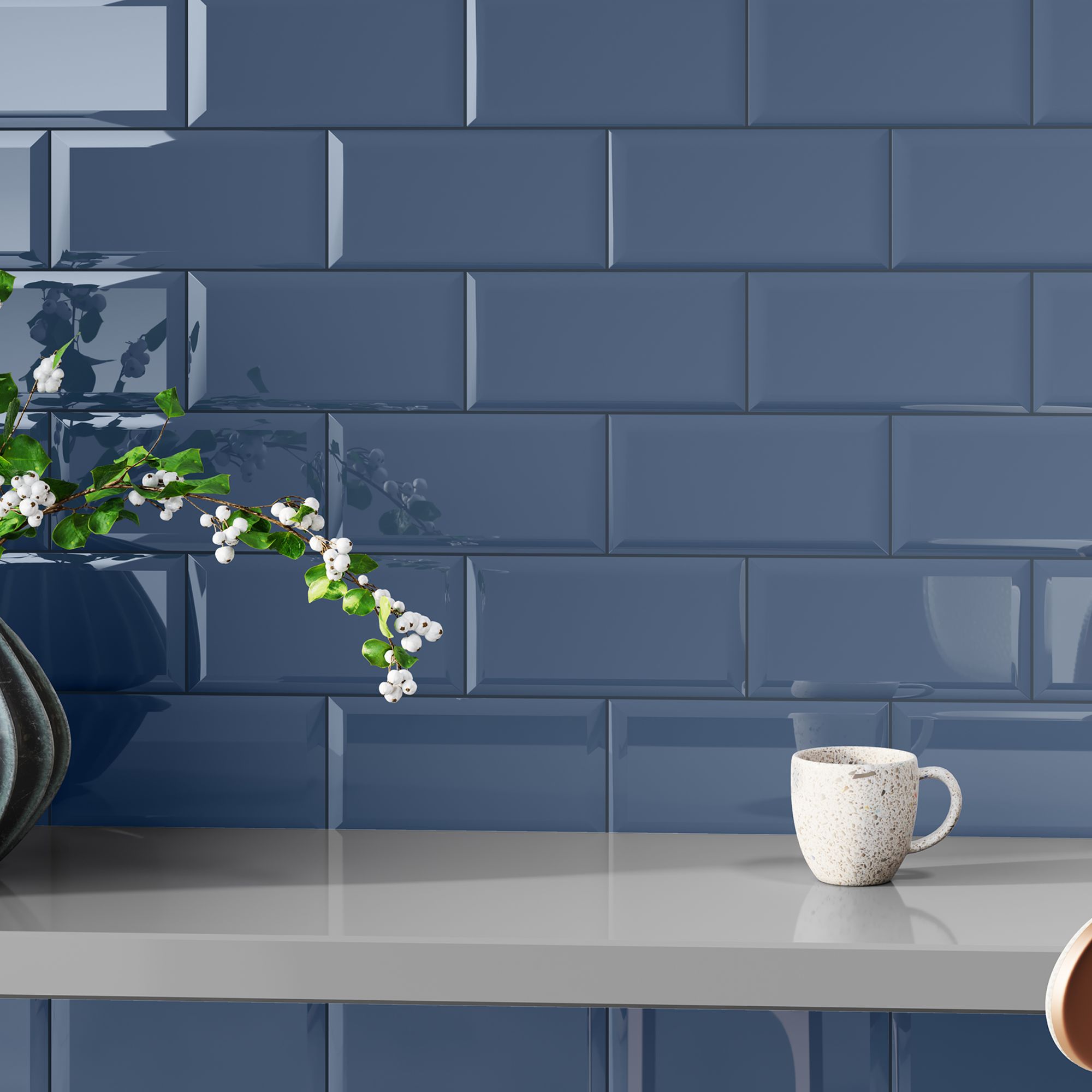 Trentie Blue Gloss Textured Ceramic Indoor Wall Tile, Pack of 50, (L)200mm (W)100mm